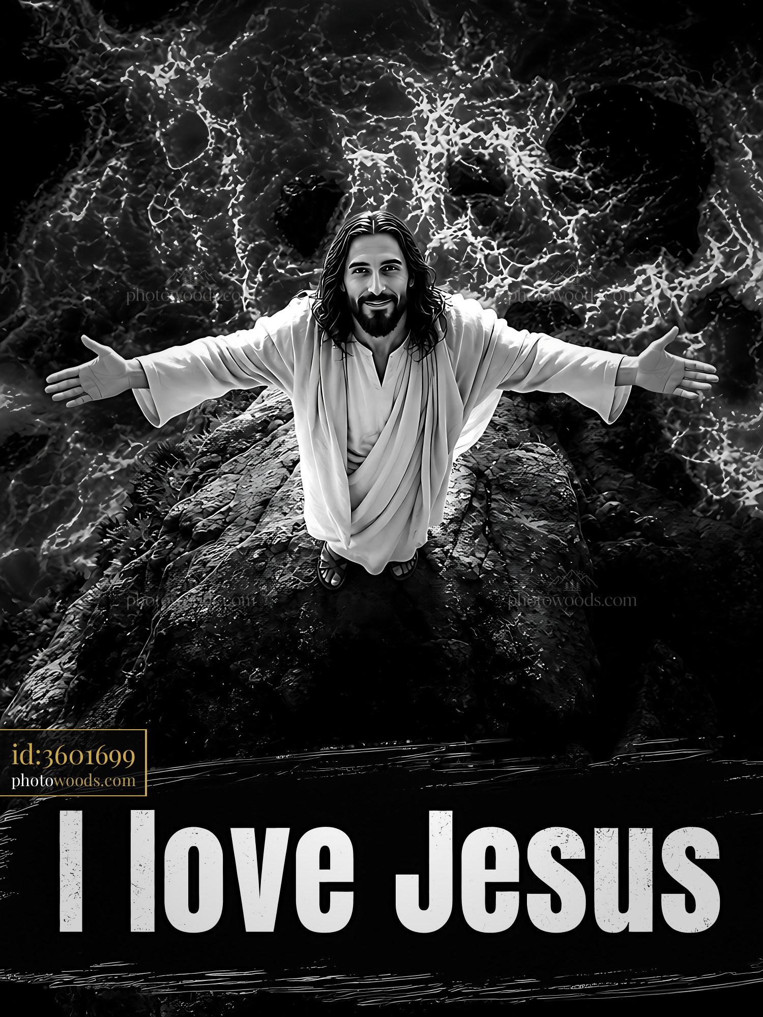 Jesus With Open Arms Stands on Rock With Stormy Background