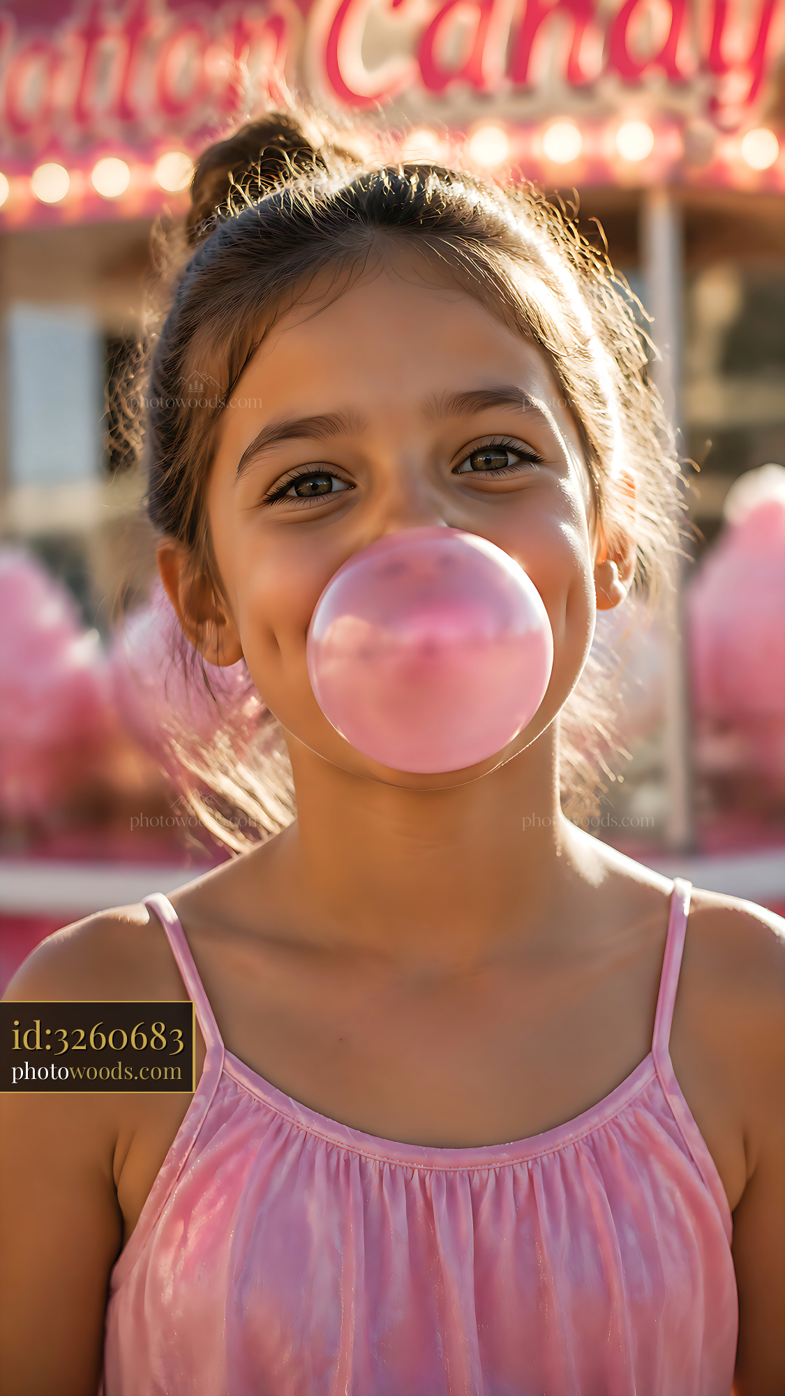 Girl Blowing Pink Bubble Gum at Carnival With Cotton Candy Stand