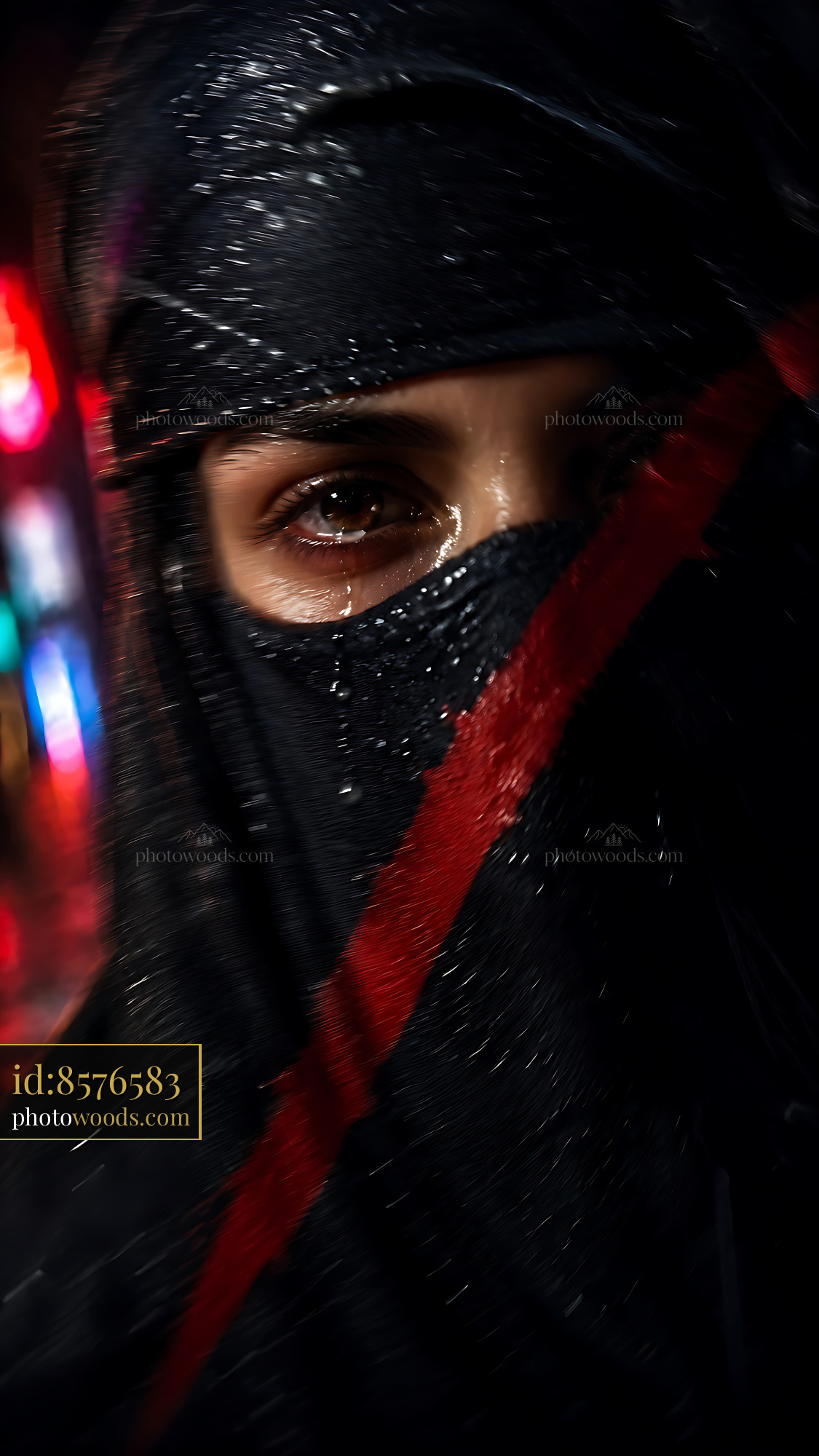 Woman in Black Veil With Red Stripe Stares Intensely at Camera