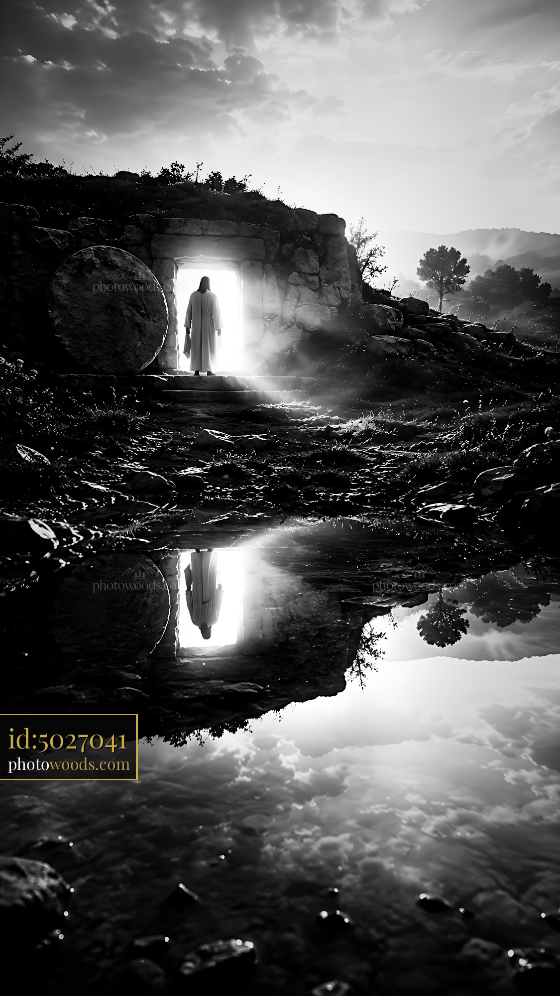 Figure Stands at the Entrance of a Cave With Reflection in Water