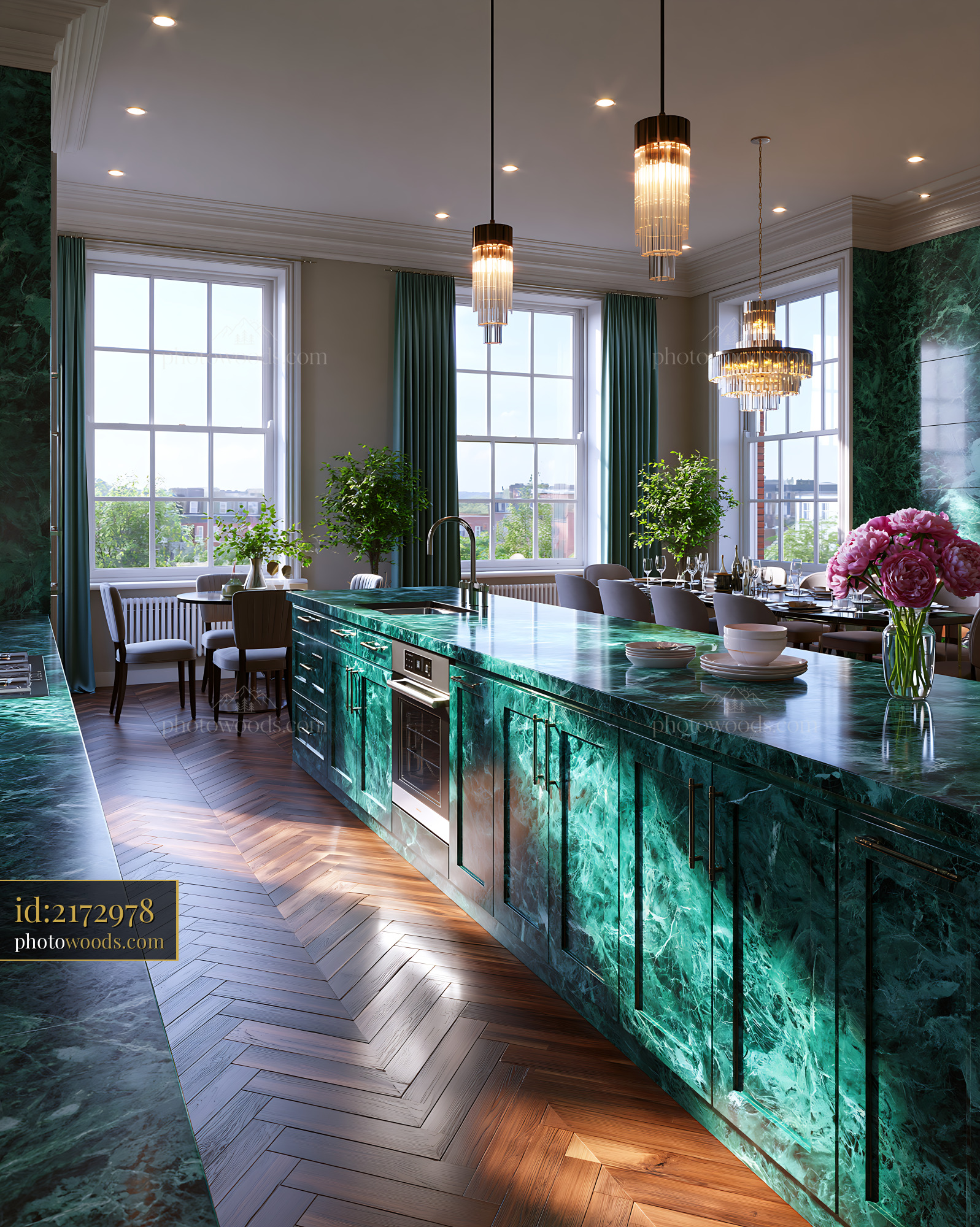 Luxury Kitchen Design With Green Marble Countertops and Wood Accents