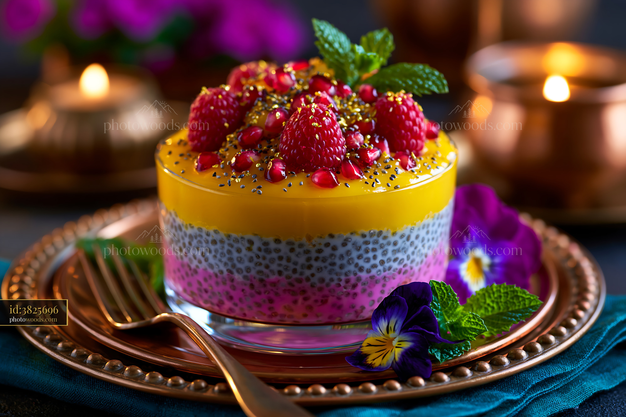 Chia Pudding With Mango Puree, Raspberry, and Edible Flowers
