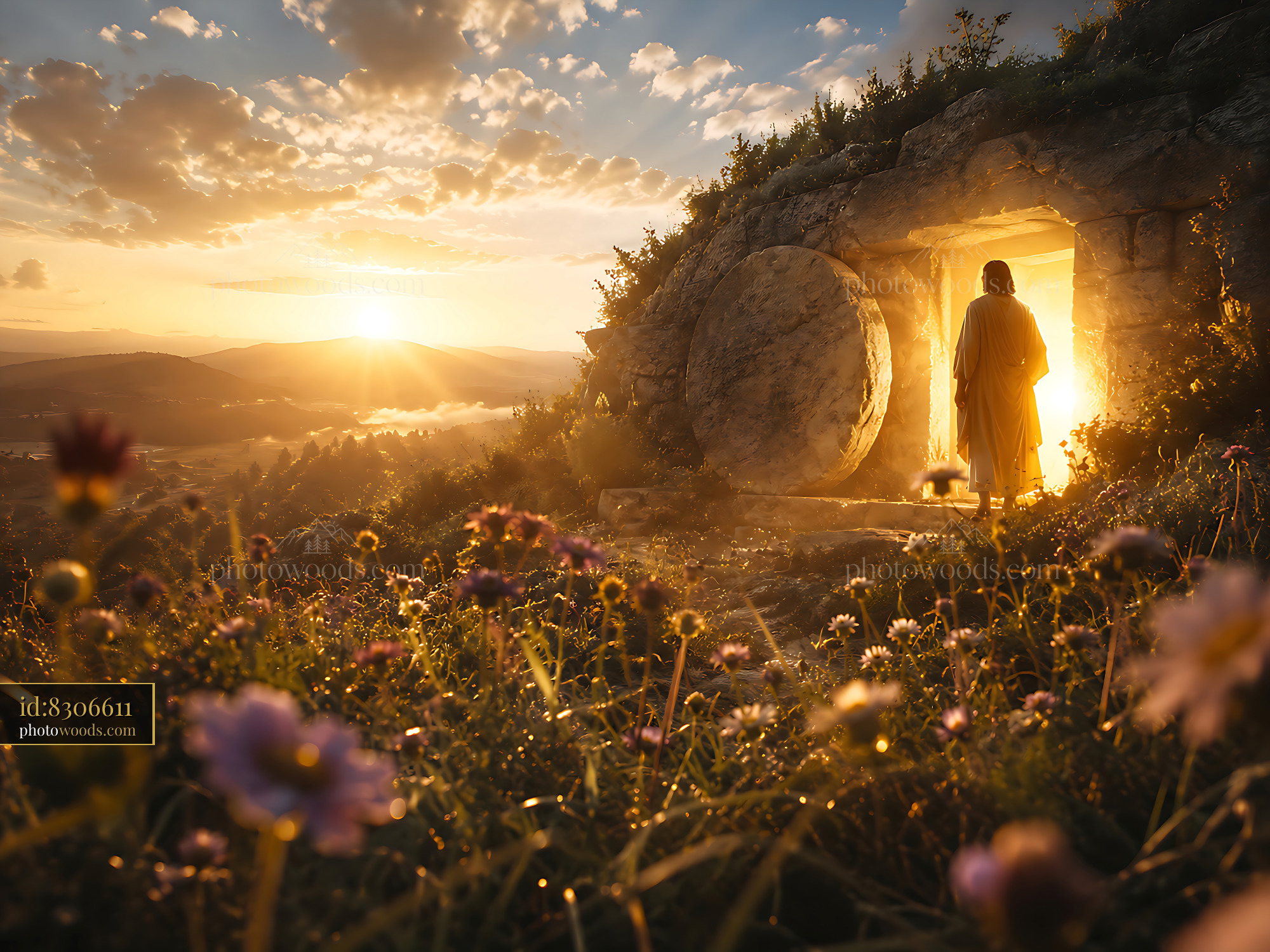 Person Standing at Open Tomb During Sunrise With Flowers Nearby