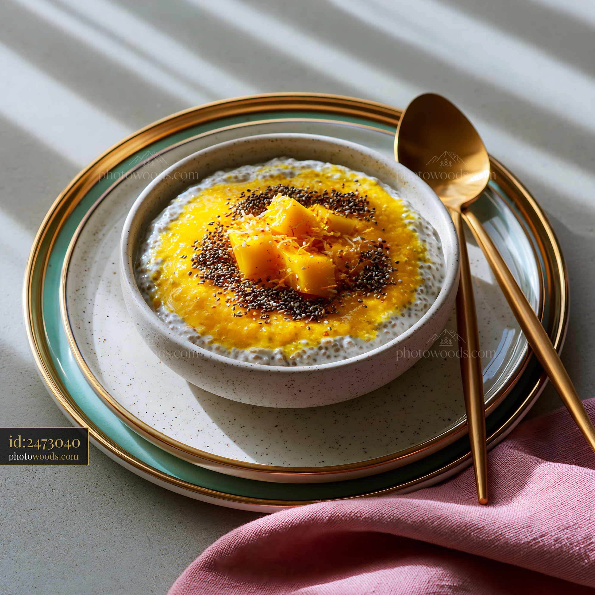 Coconut Chia Pudding Layered With Mango Puree and Chia Seeds