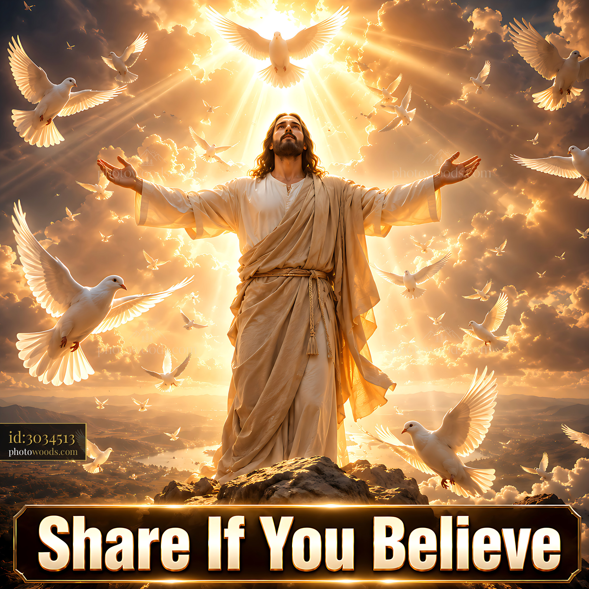 Jesus Stands With Open Arms Surrounded by Doves and Light