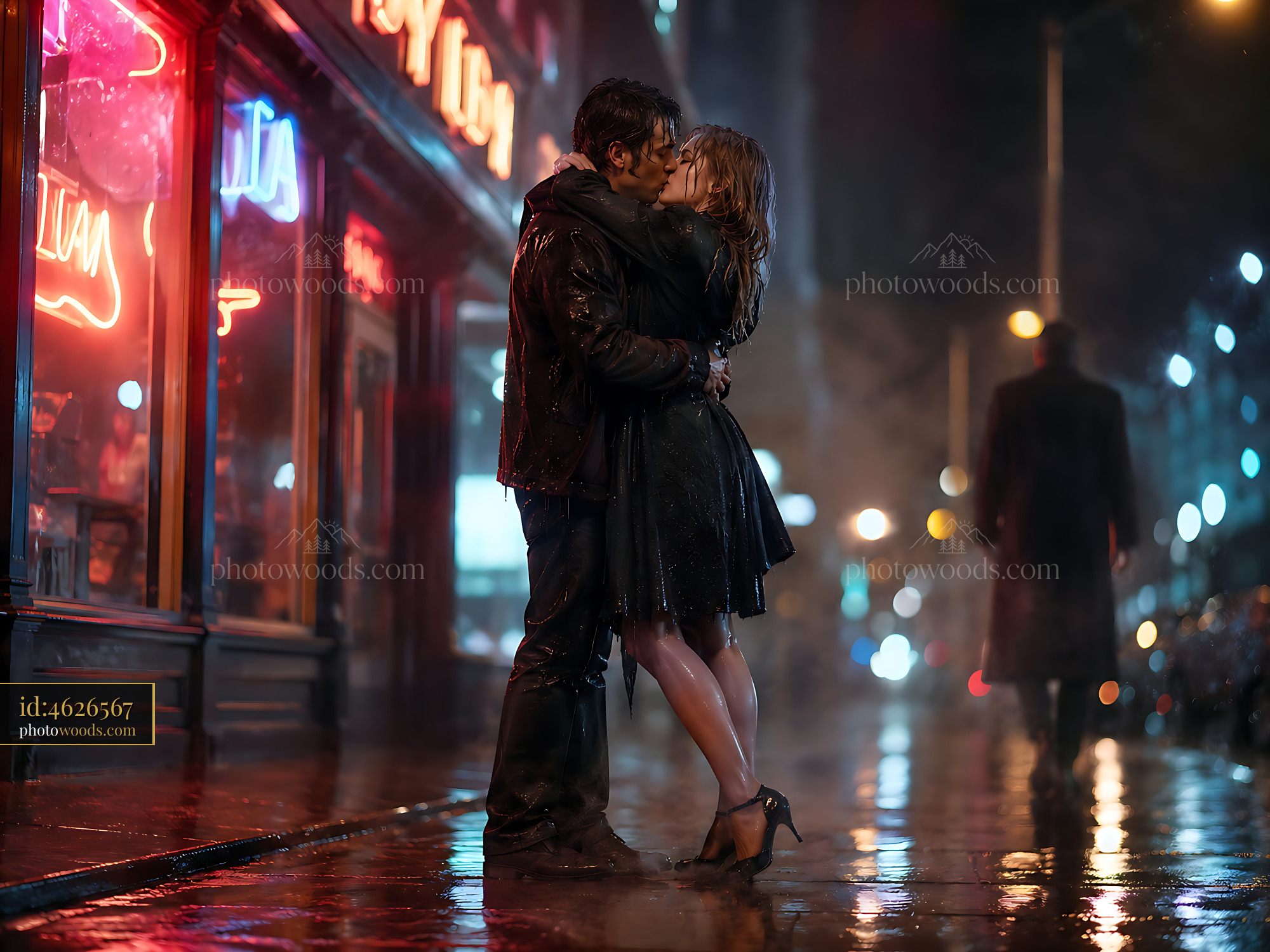 Couple Embracing in Rain Under Neon Lights at Night