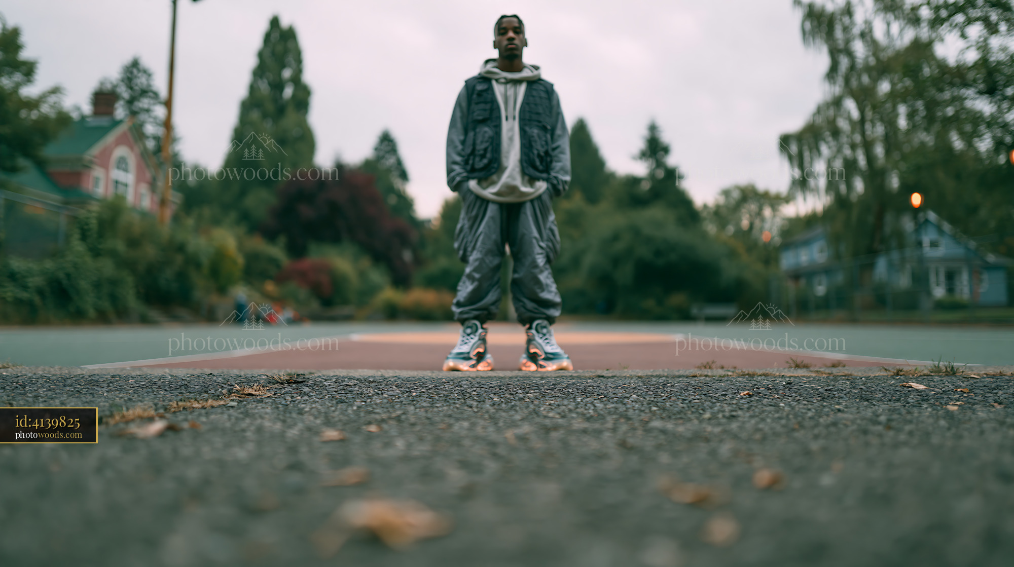 Man in Tactical Vest Stands on Empty Basketball Court