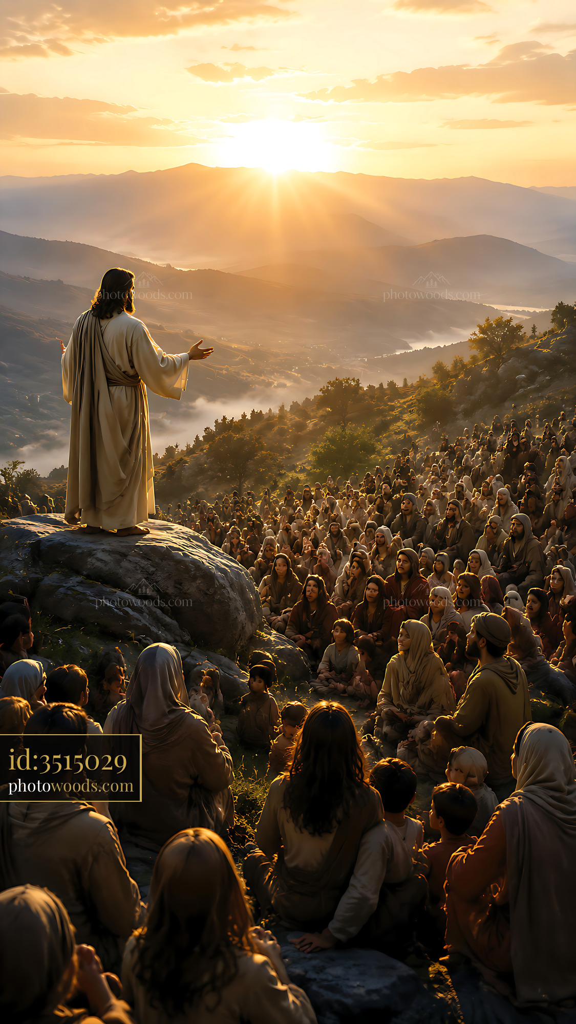 Jesus Teaching a Large Crowd at Sunset on a Mountain
