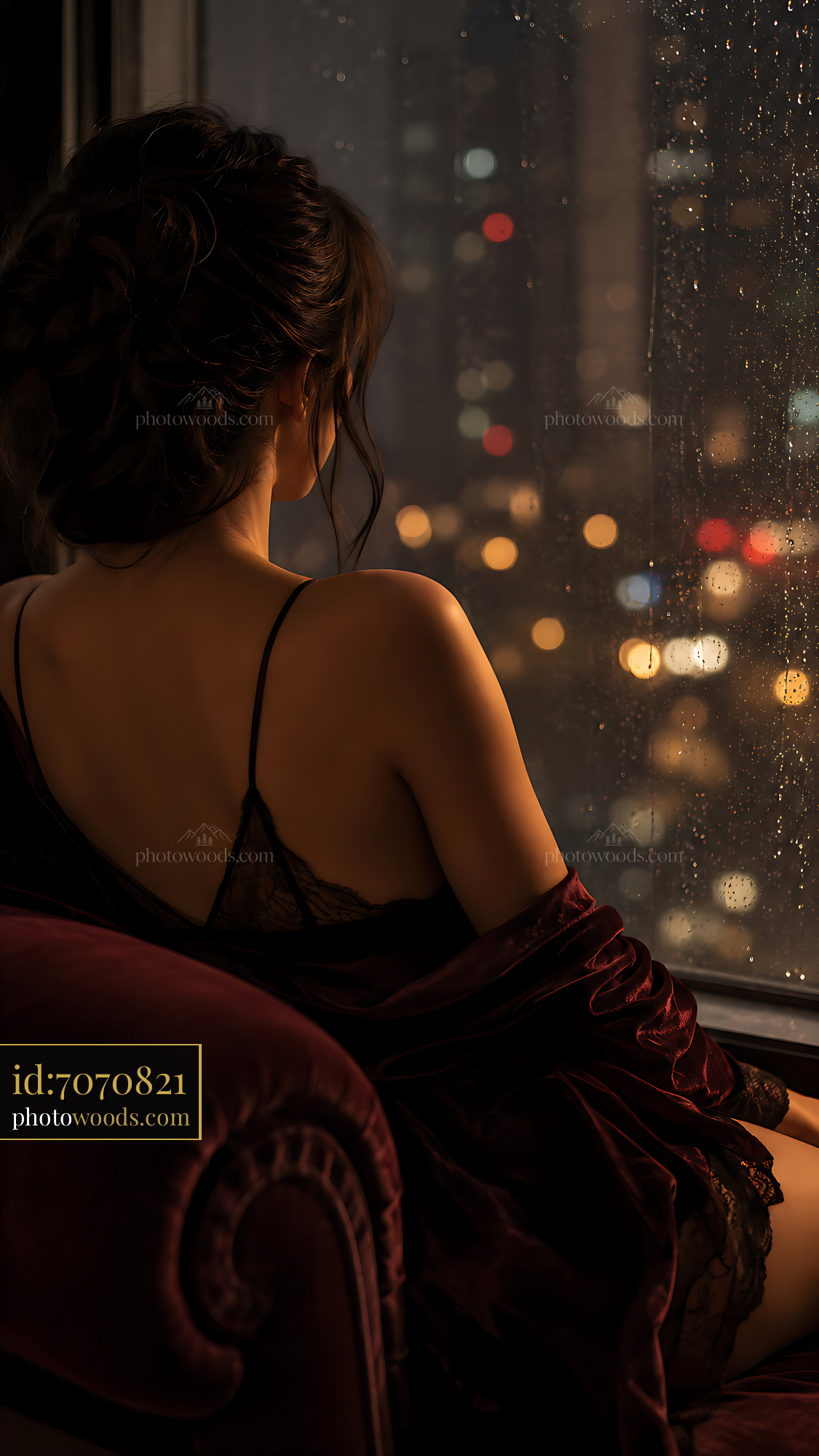 Woman Sitting by Window Looking at City Lights on Rainy Night