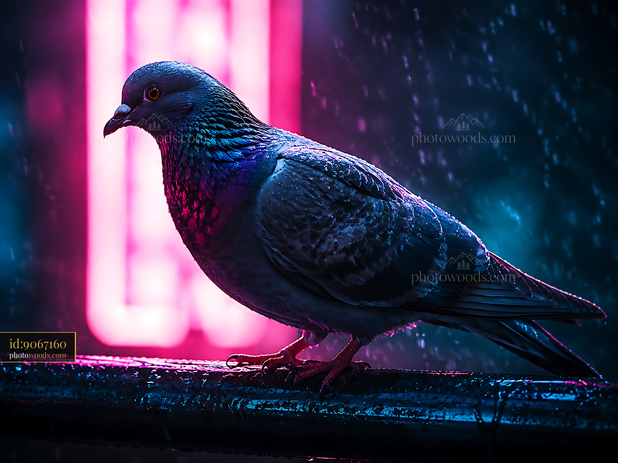Bird Standing on a Railing During Rain With Neon Lights in Background