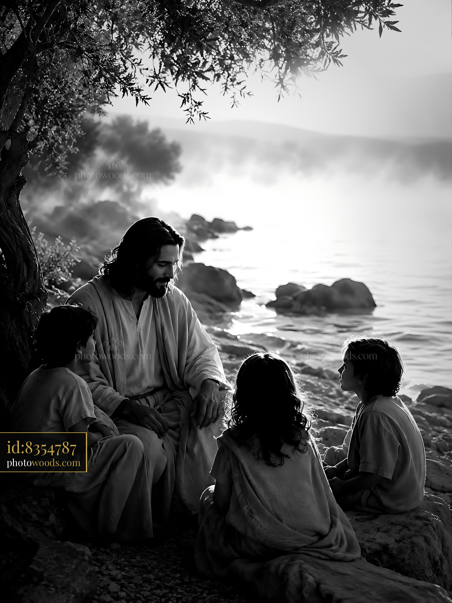 Jesus Speaks With Children by the Water at Sunrise
