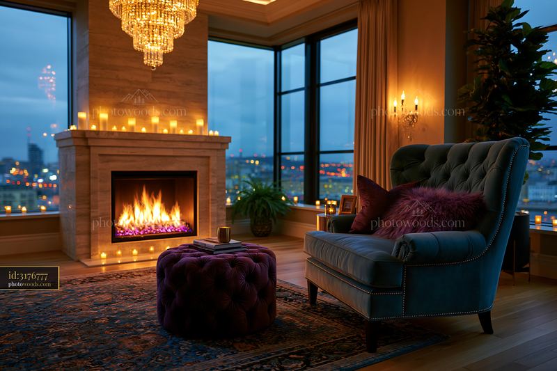 Modern Living Room With Travertine Fireplace and Evening Lights