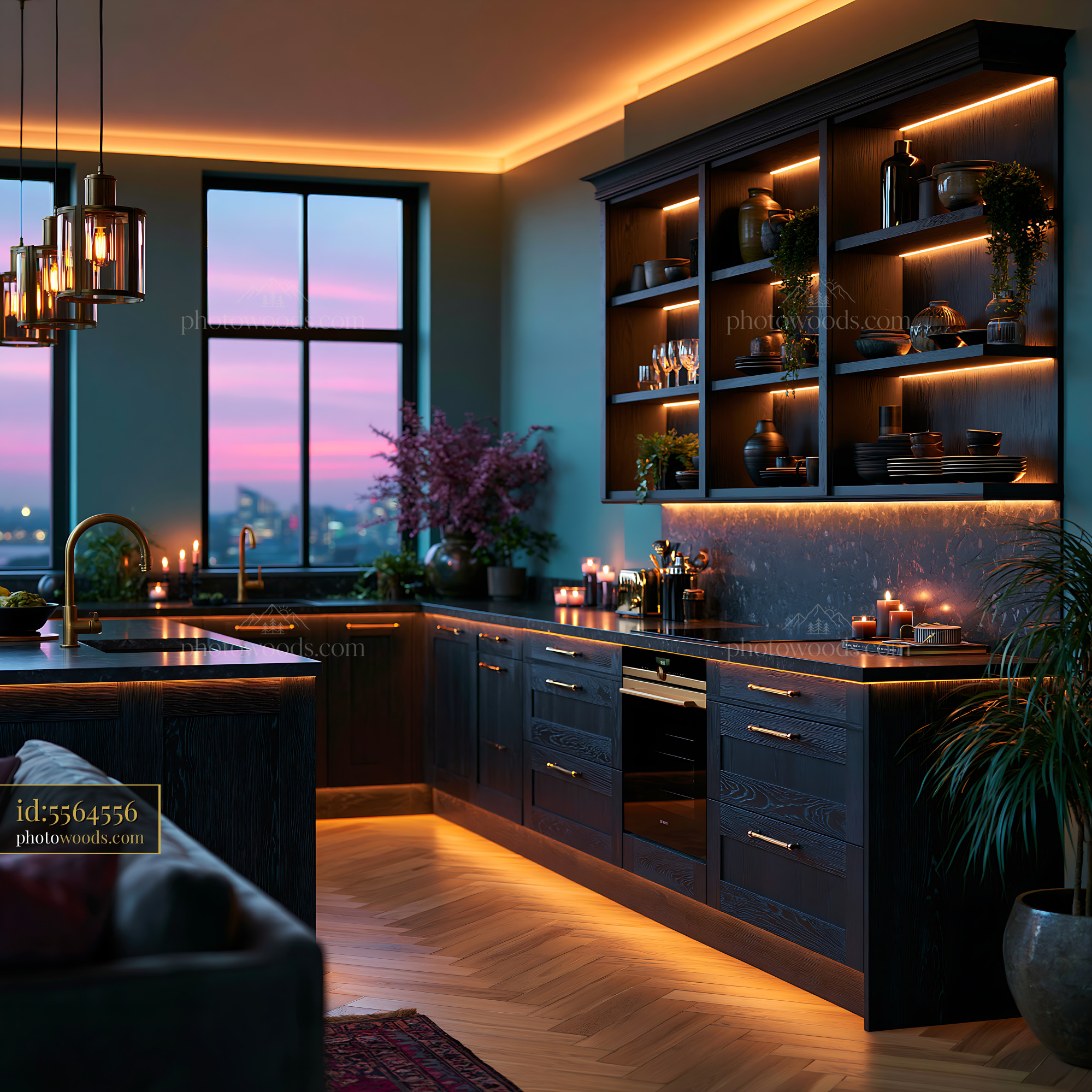 Luxury Kitchen Interior With Brass Fixtures and Dark Oak
