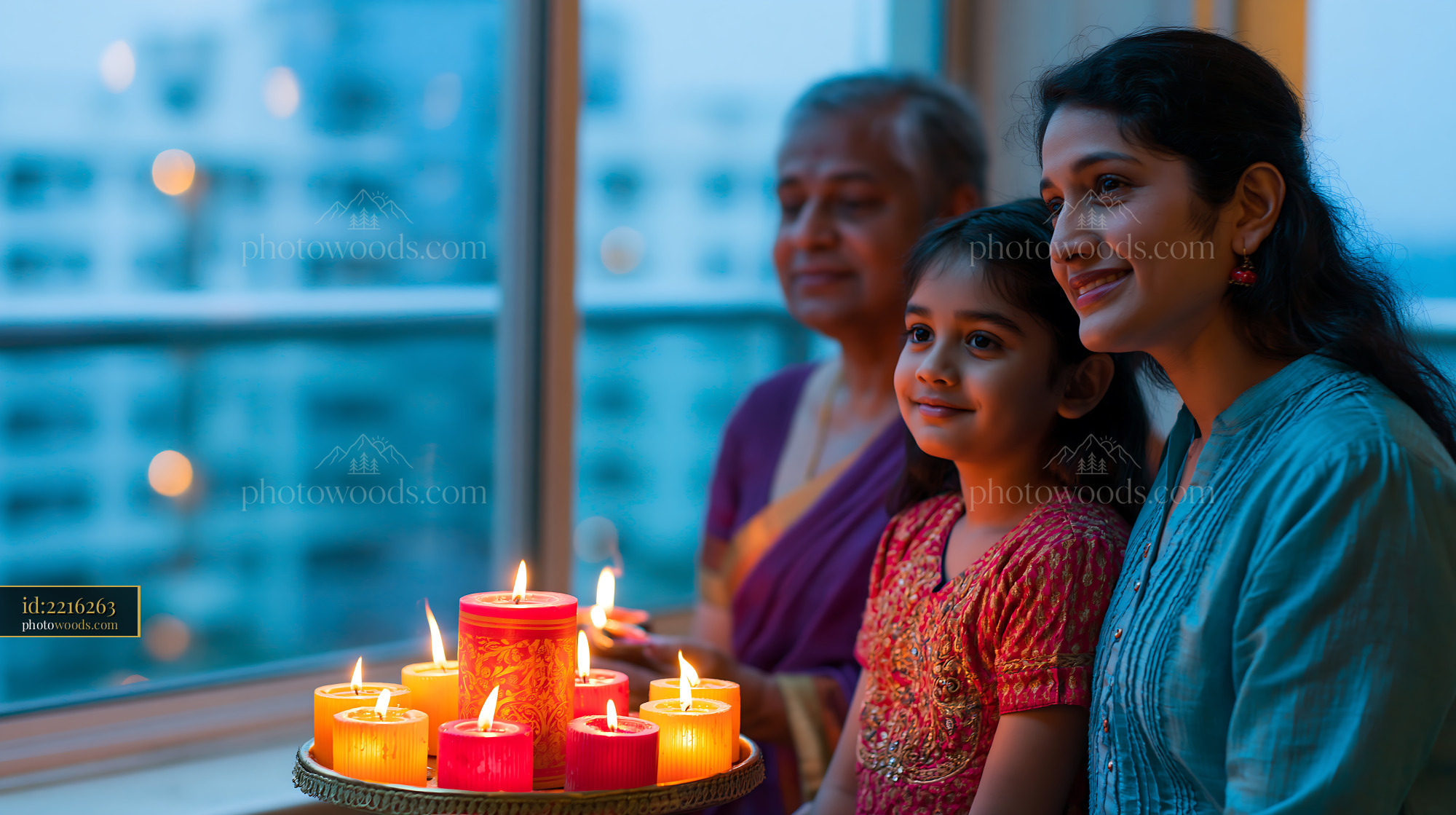 Family Celebrating Diwali With Candles in Evening Light
