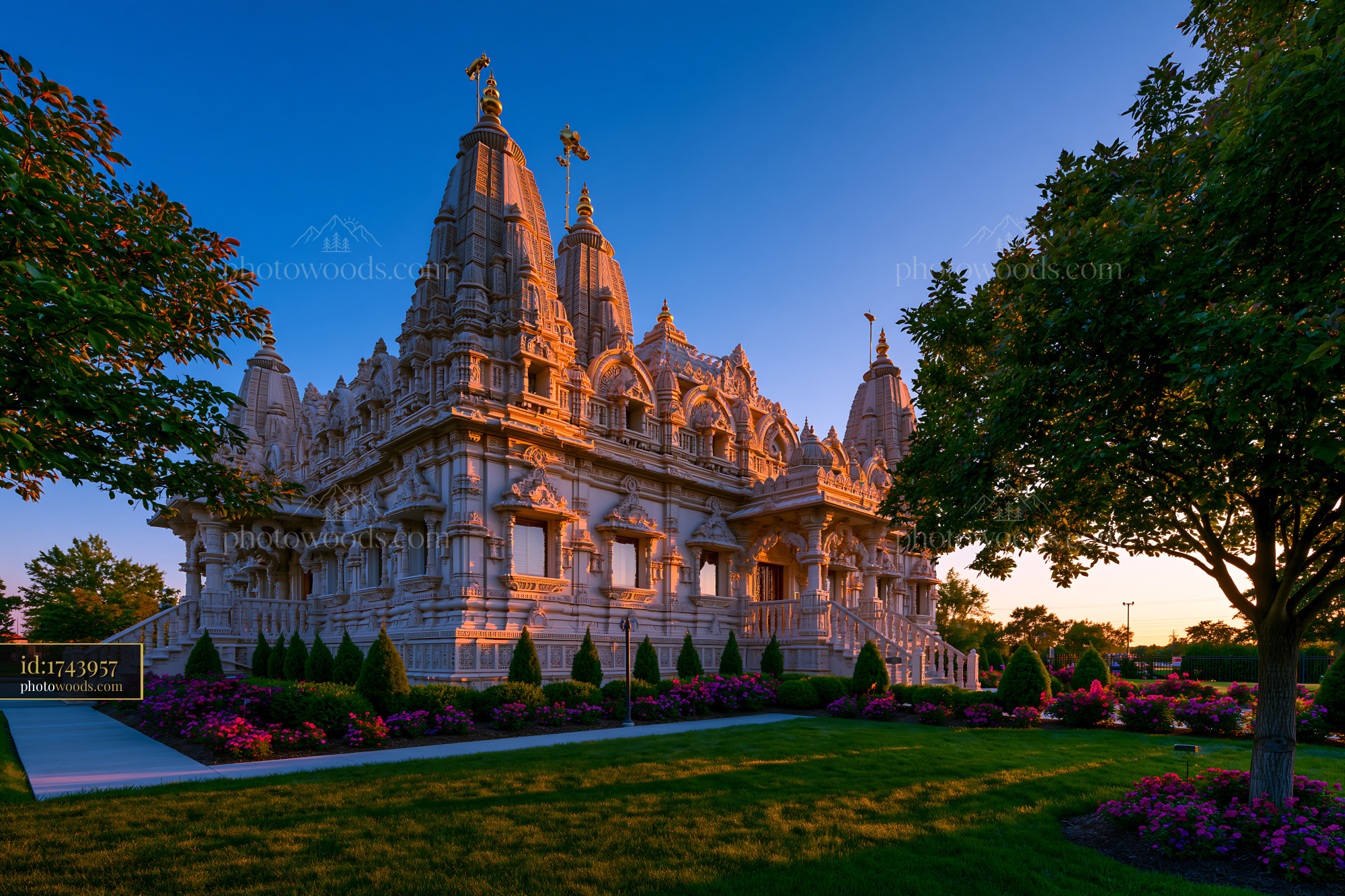 BAPS Temple in Detroit, USA at Sunset With Colorful Flowers