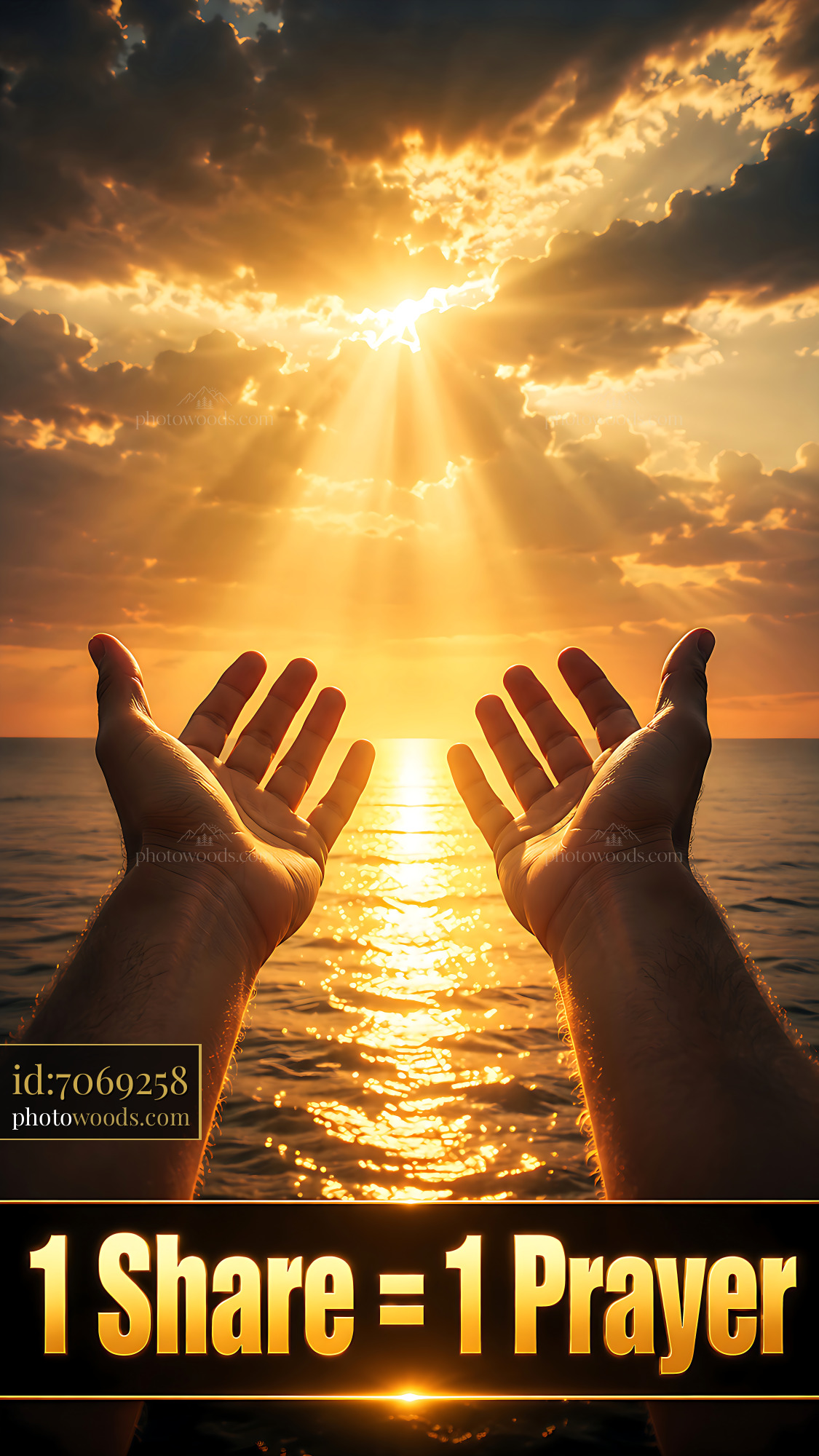Hands Raised Towards Sunset Over Ocean With a Prayer Message