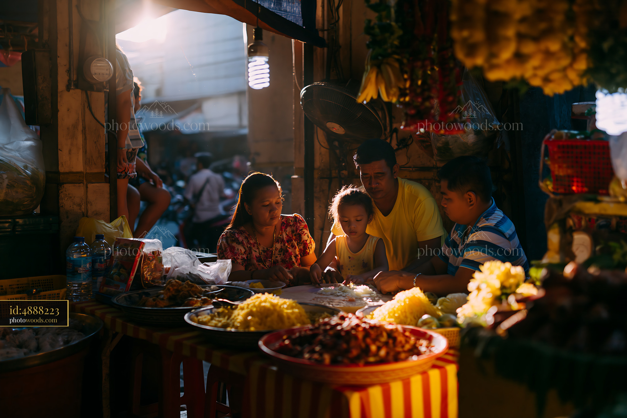 Family Preparing Traditional Festive Food in Local Market, Sunset