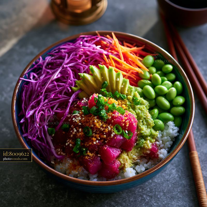 Colorful Poke Bowl With Tuna Avocado Edamame and Vegetables