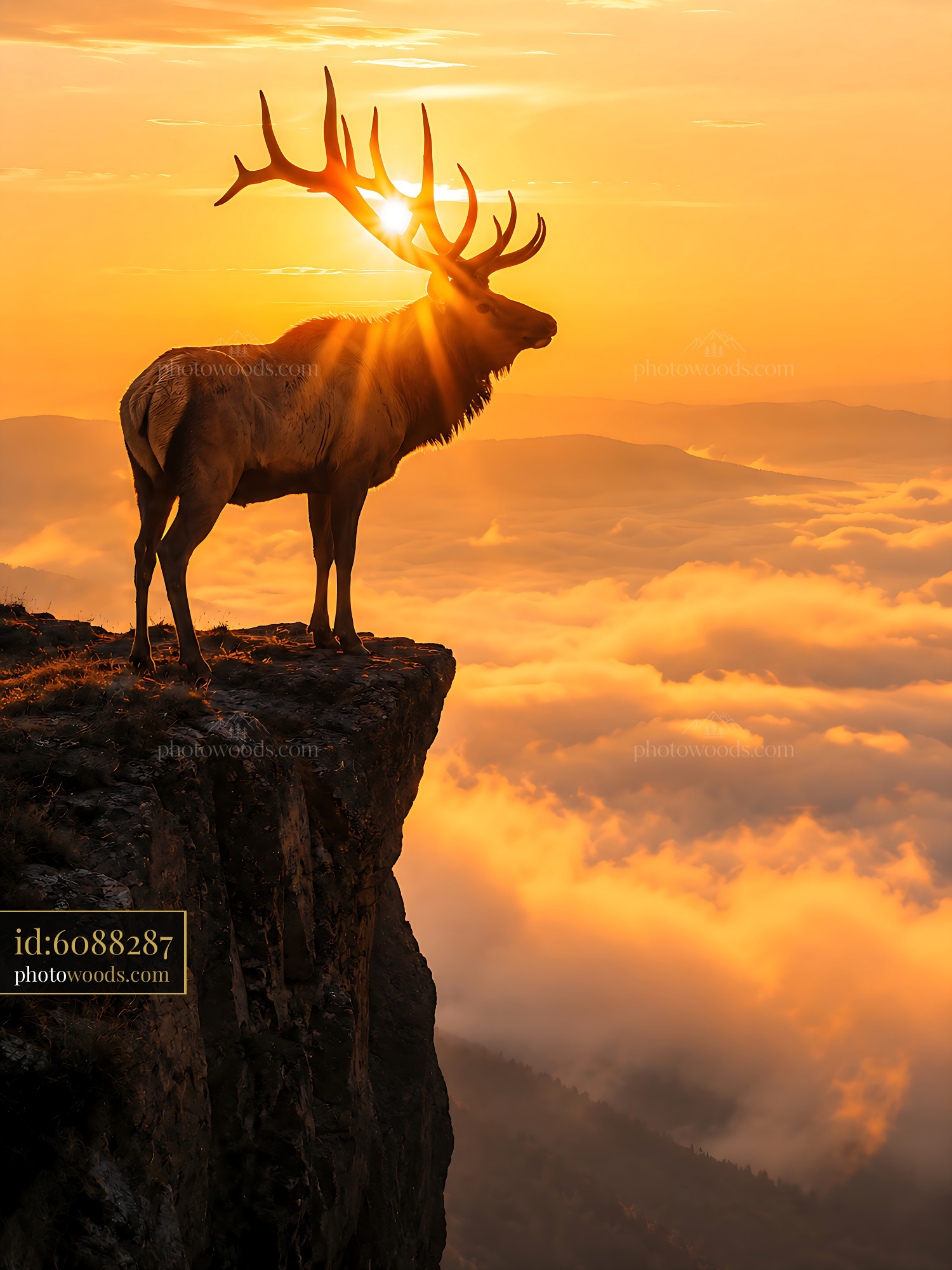 Stag Stands on Cliff at Sunset With Sun Shining Through Antlers