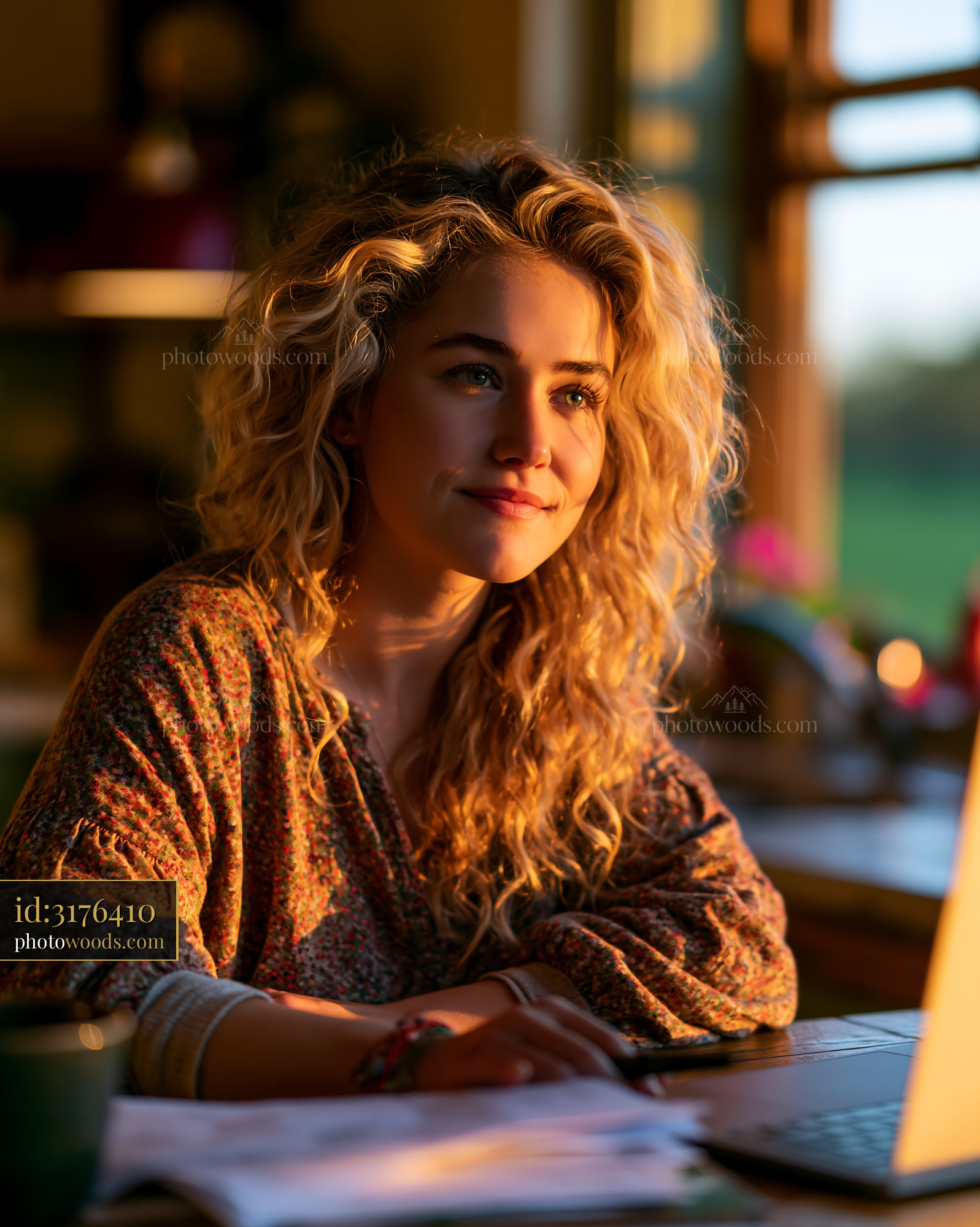 Young Woman Working at a Laptop During Golden Hour Light