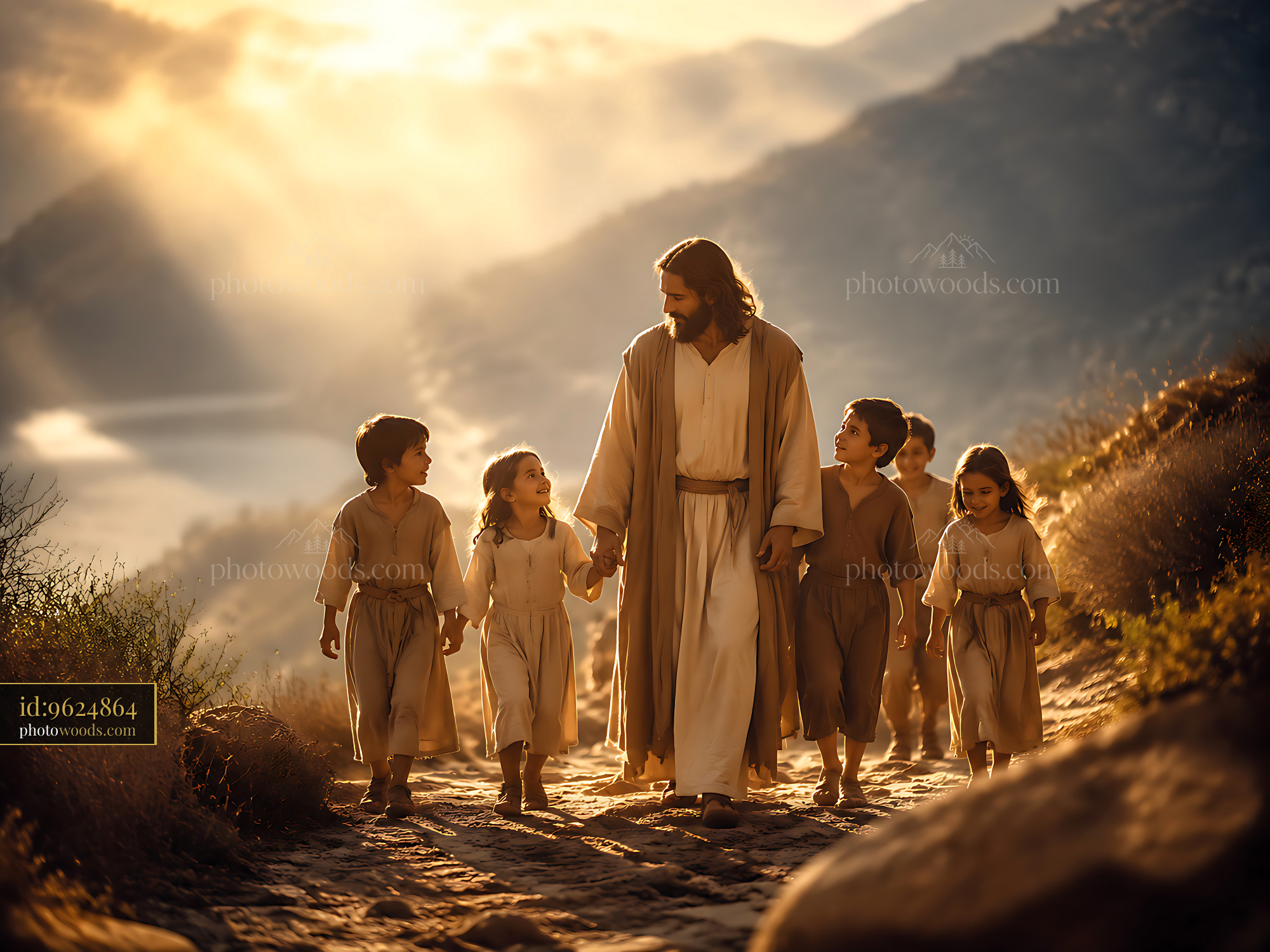 Jesus Walking With Children on a Hillside During Sunset
