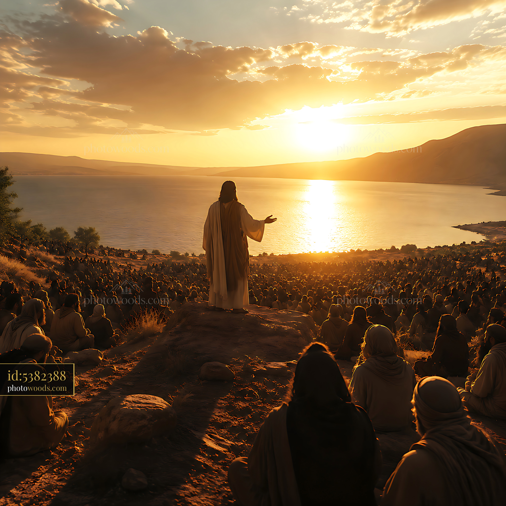 Jesus Speaking to a Large Crowd at Sunset by the Water