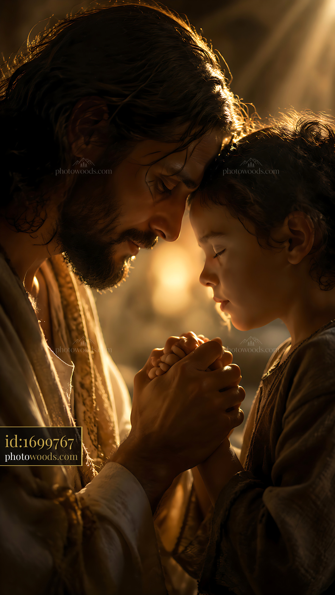 Man and Child Pray Together in Warm Light at Home