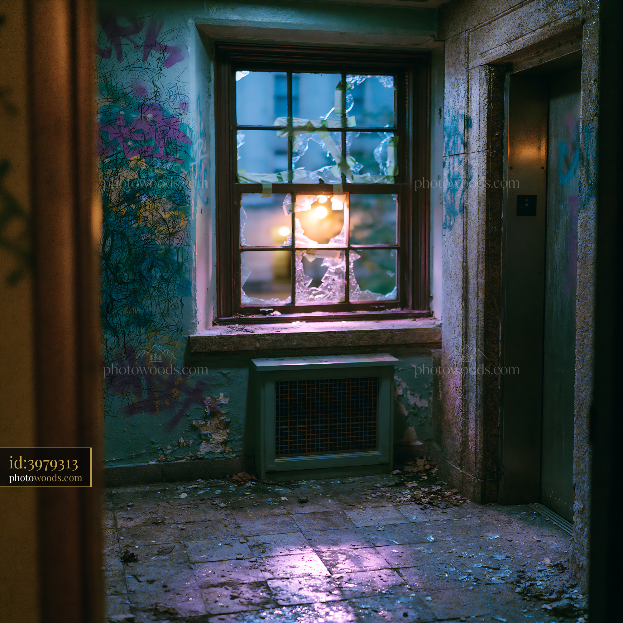 Abandoned Elevator Lobby With Graffiti and Broken Window Light