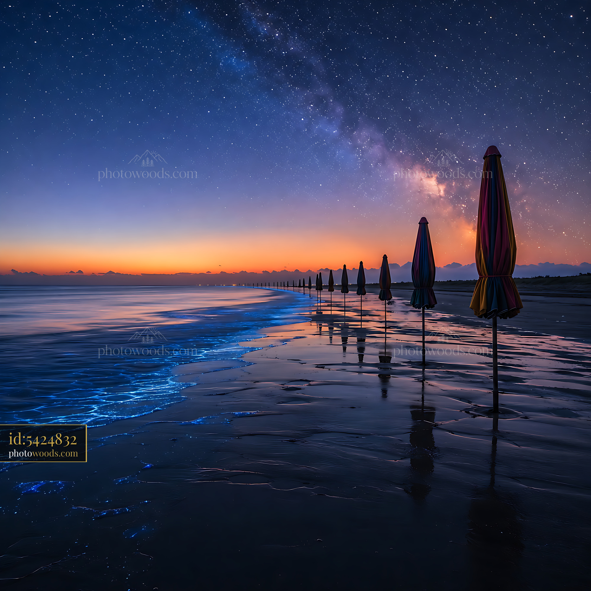 Beach Umbrellas Stand Along the Shore at Twilight Near the Ocean