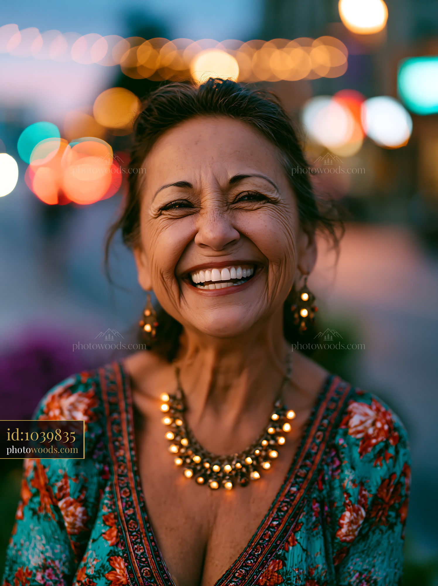 Woman Smiles Brightly While Wearing Colorful Jewelry at Dusk