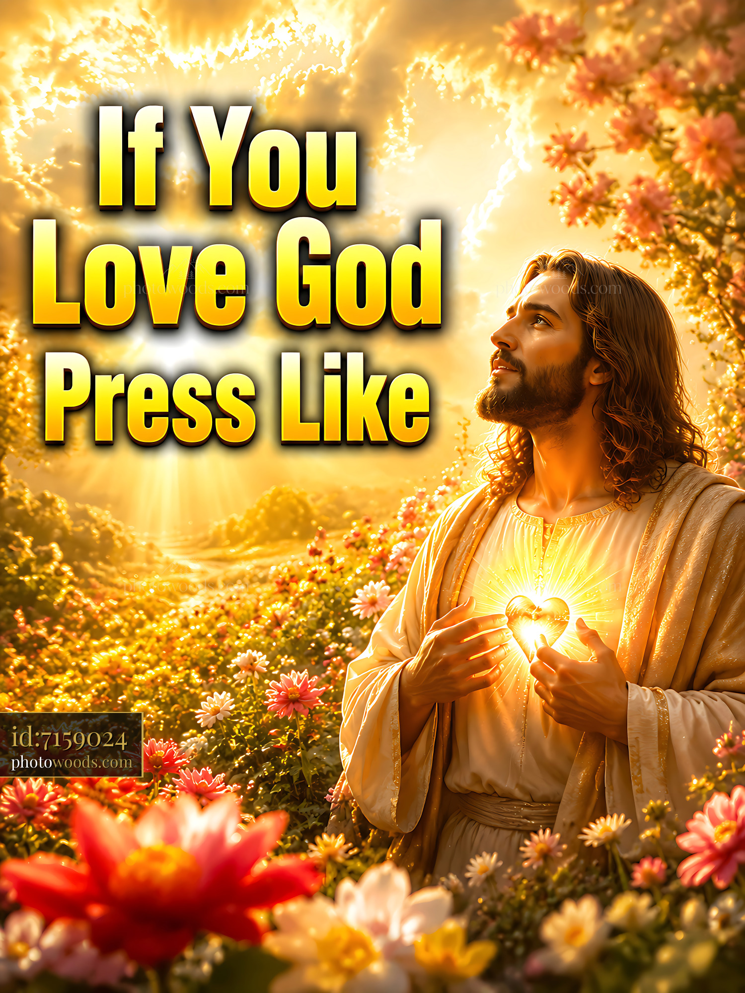 Jesus Stands Holding a Glowing Heart in a Field of Flowers