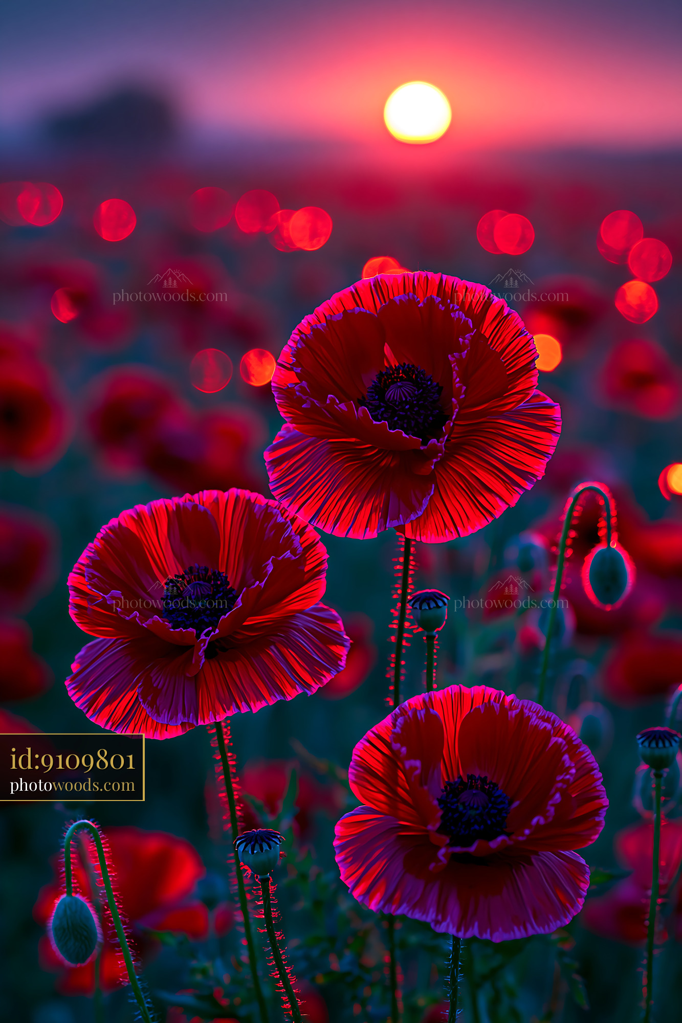 Poppies Bloom Under Sunset Sky With Bright Colors and Soft Light
