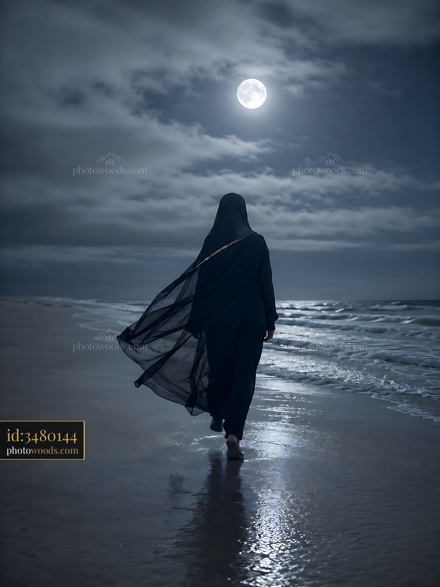 Woman Walks Along the Beach Under the Moonlight With Flowing Fabric
