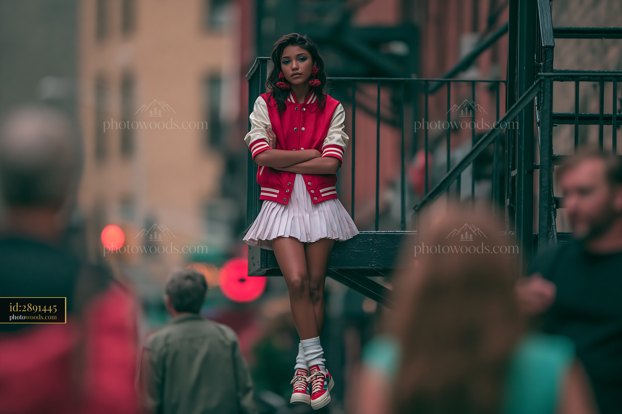 Young Woman in Varsity Jacket Standing on Street Steps