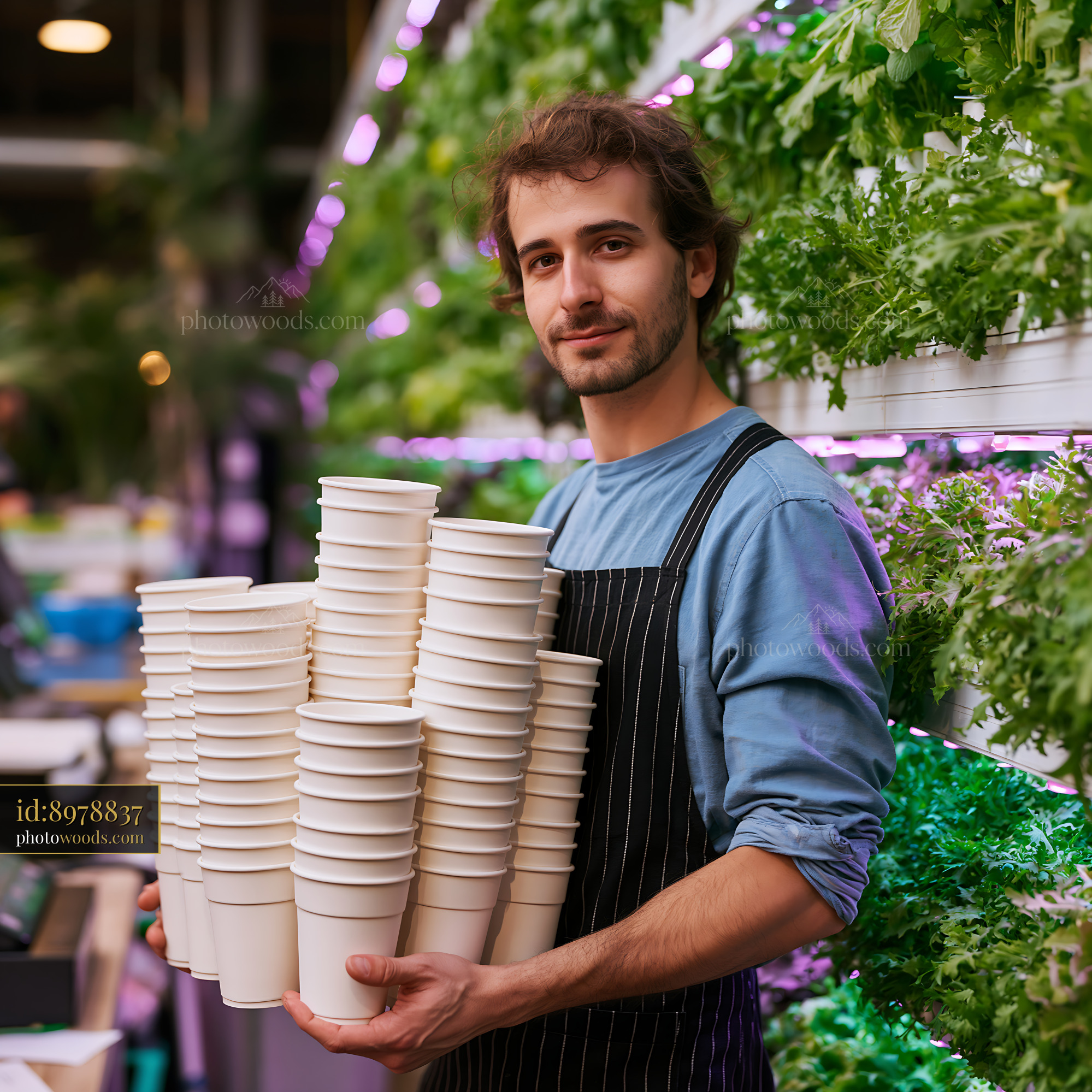 Worker in Vertical Farm Holding Containers, Urban Setting
