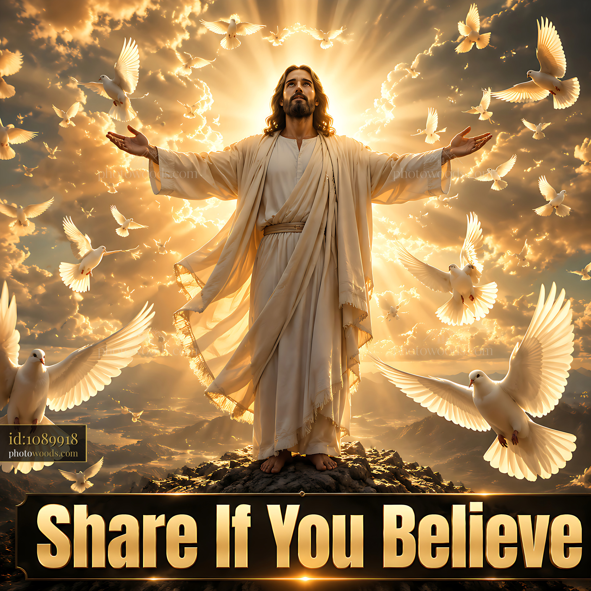 Jesus Standing With Open Arms Surrounded by Doves and Light