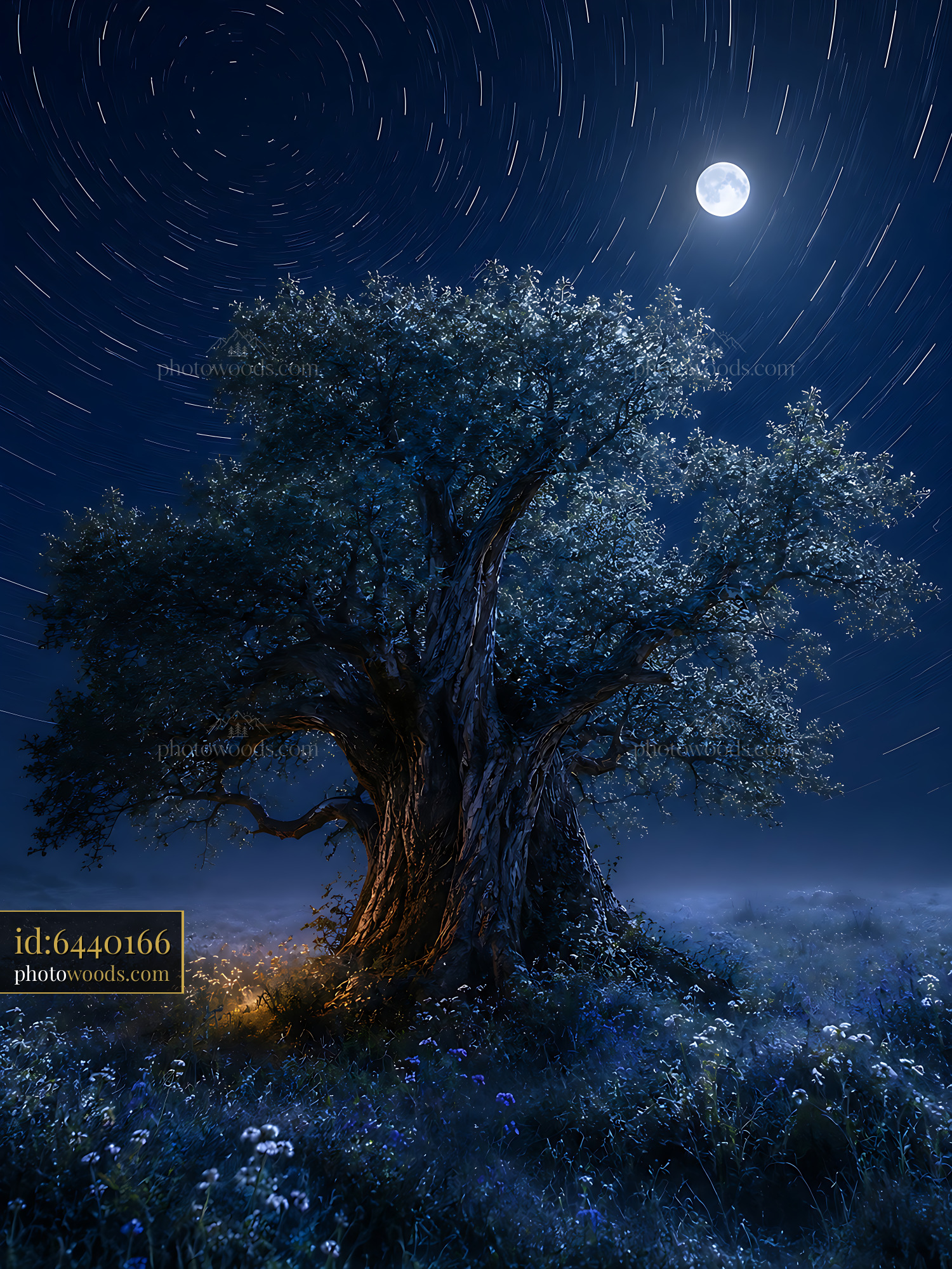 Large Tree Stands Under Night Sky With Stars and Full Moon