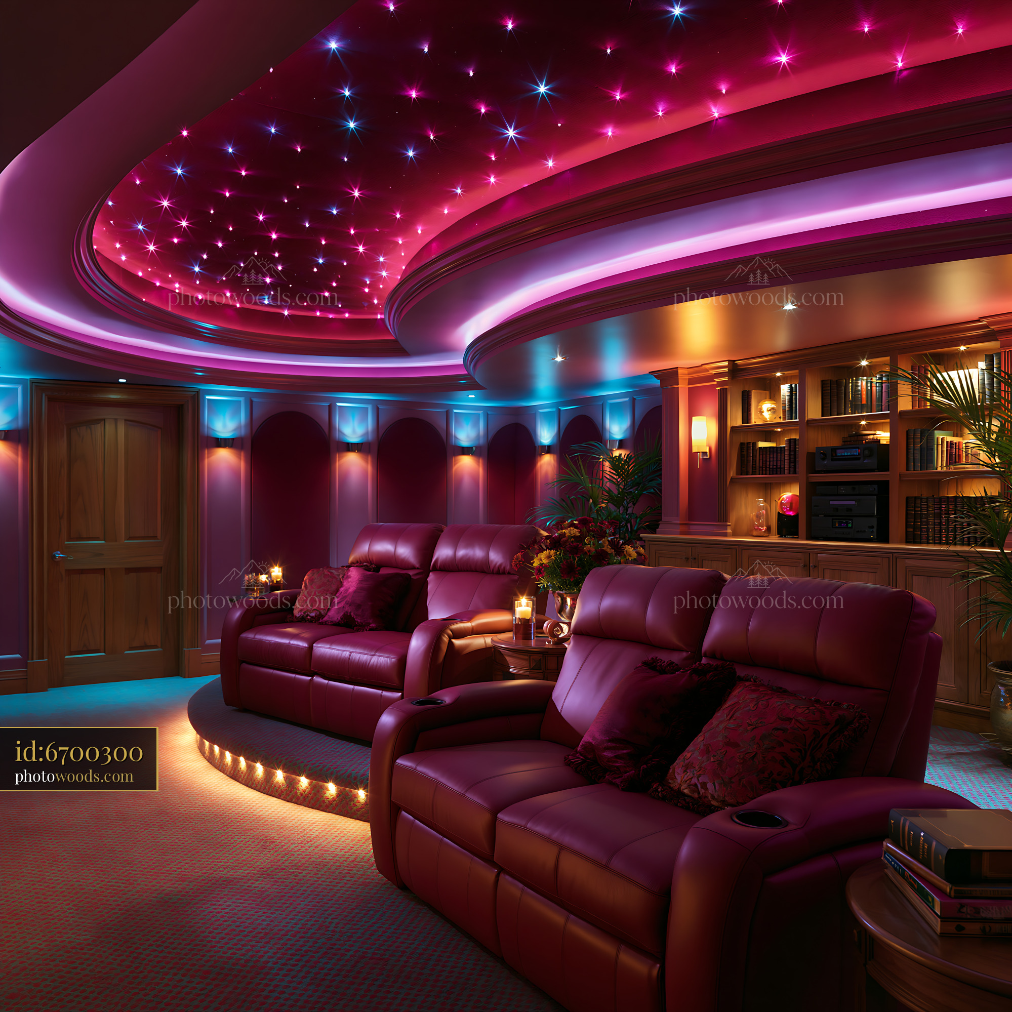 Futuristic Basement Theater With Curved LED Lights and Leather Seating