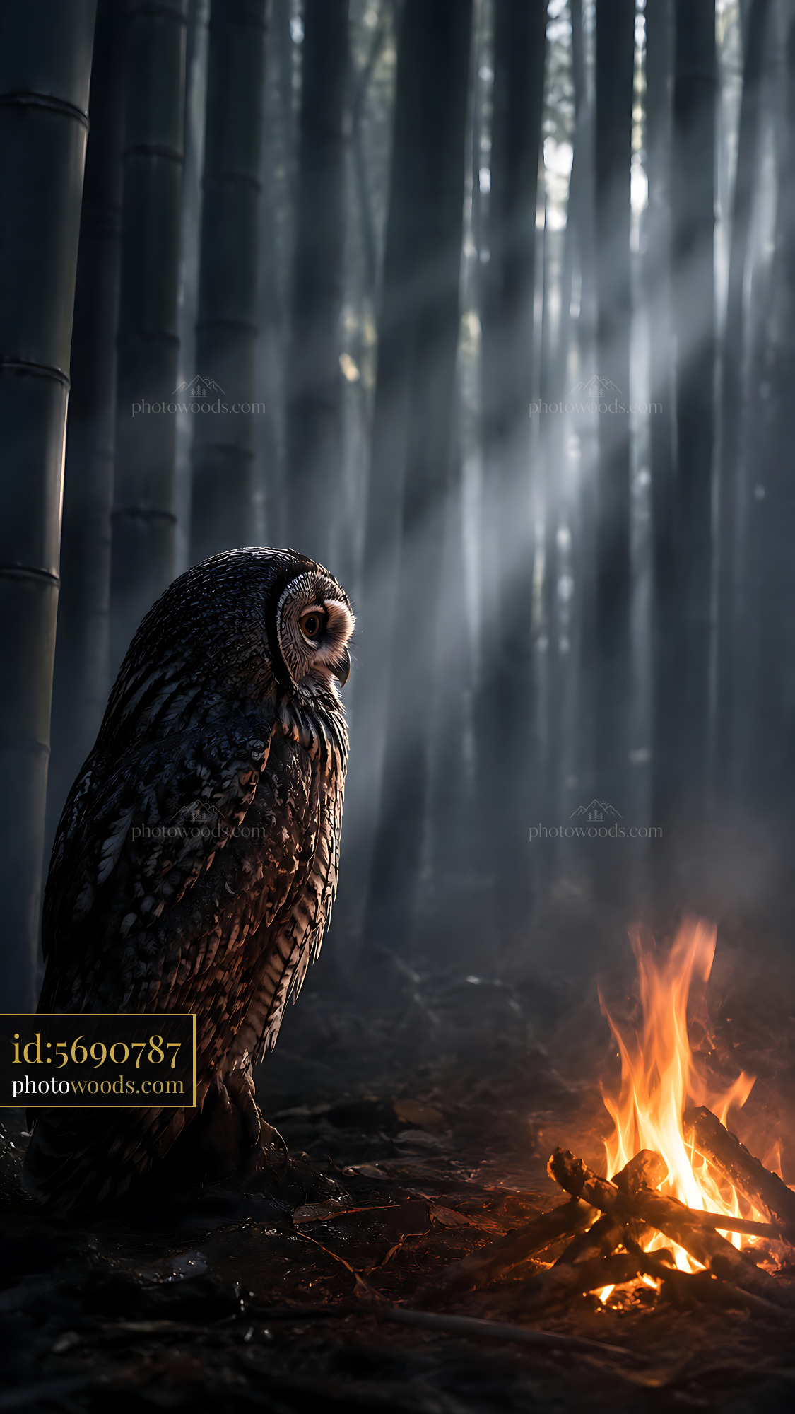 Owl Observes Fire in Dark Forest at Night With Soft Light