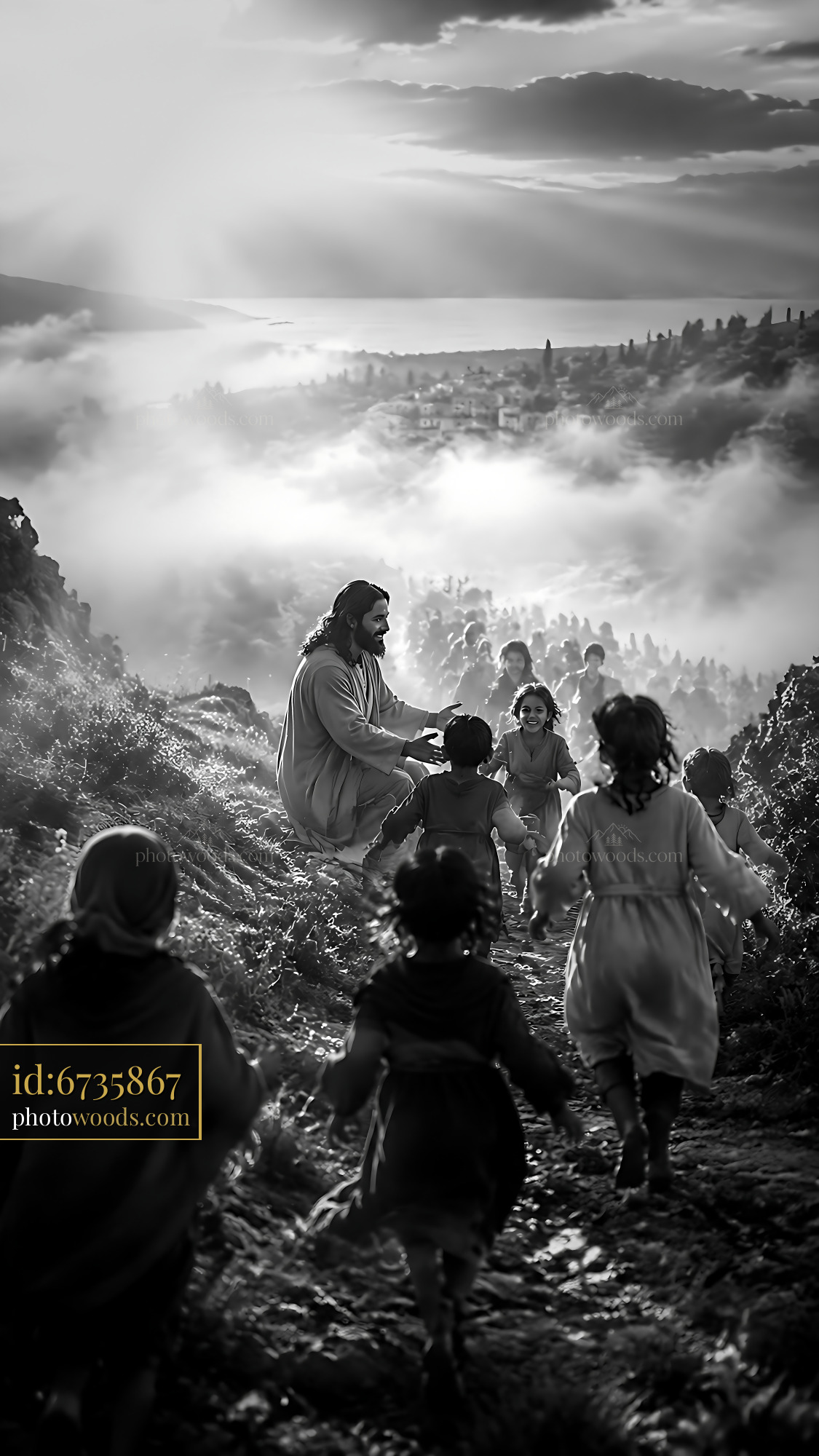 Jesus Teaching Children on a Hillside With Mist and Landscape