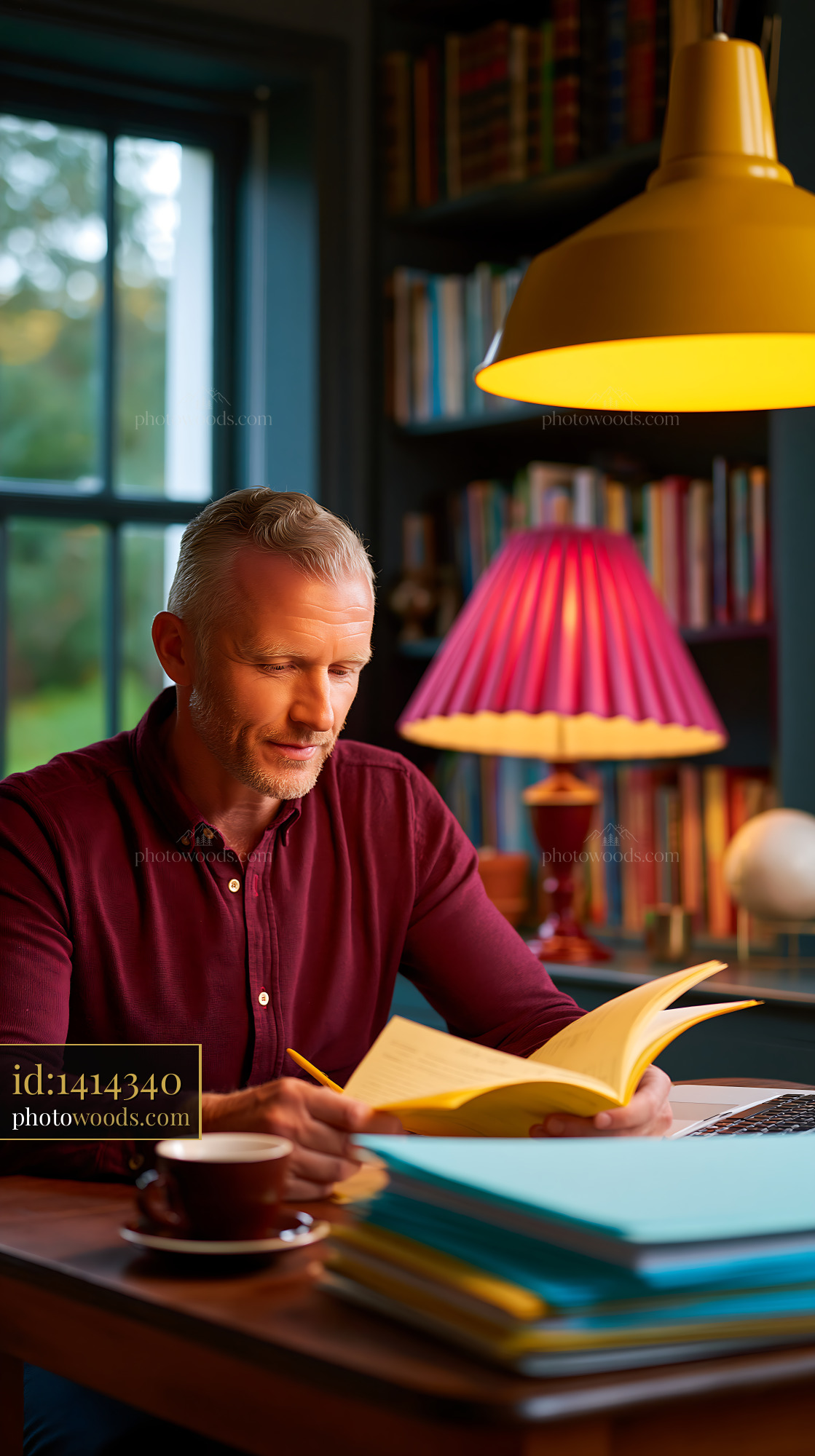 Man Reviewing a Utility Bill at a Tidy Desk With a Warm Lamp