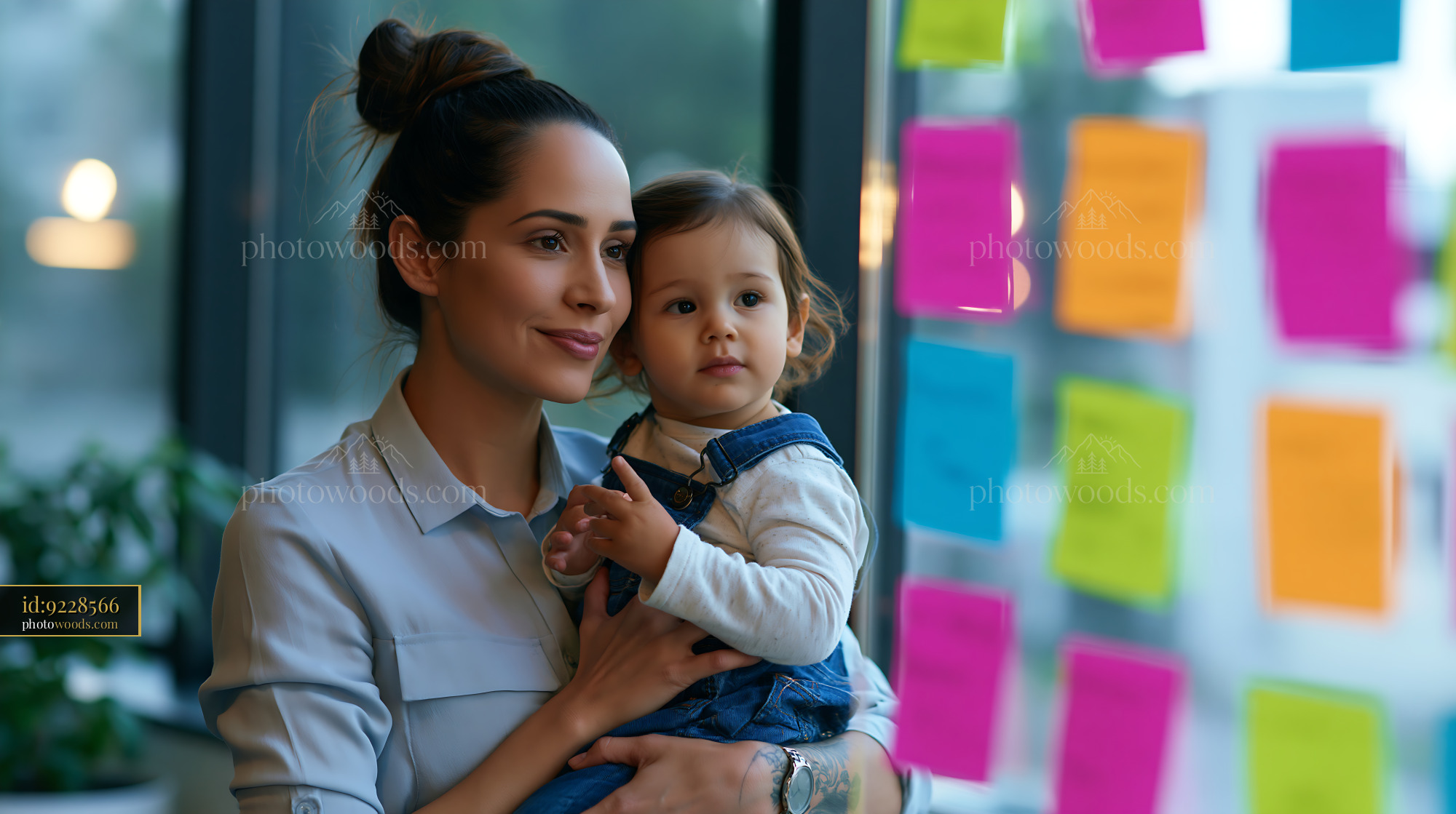 Working Mother Holds Toddler While Brainstorming Ideas
