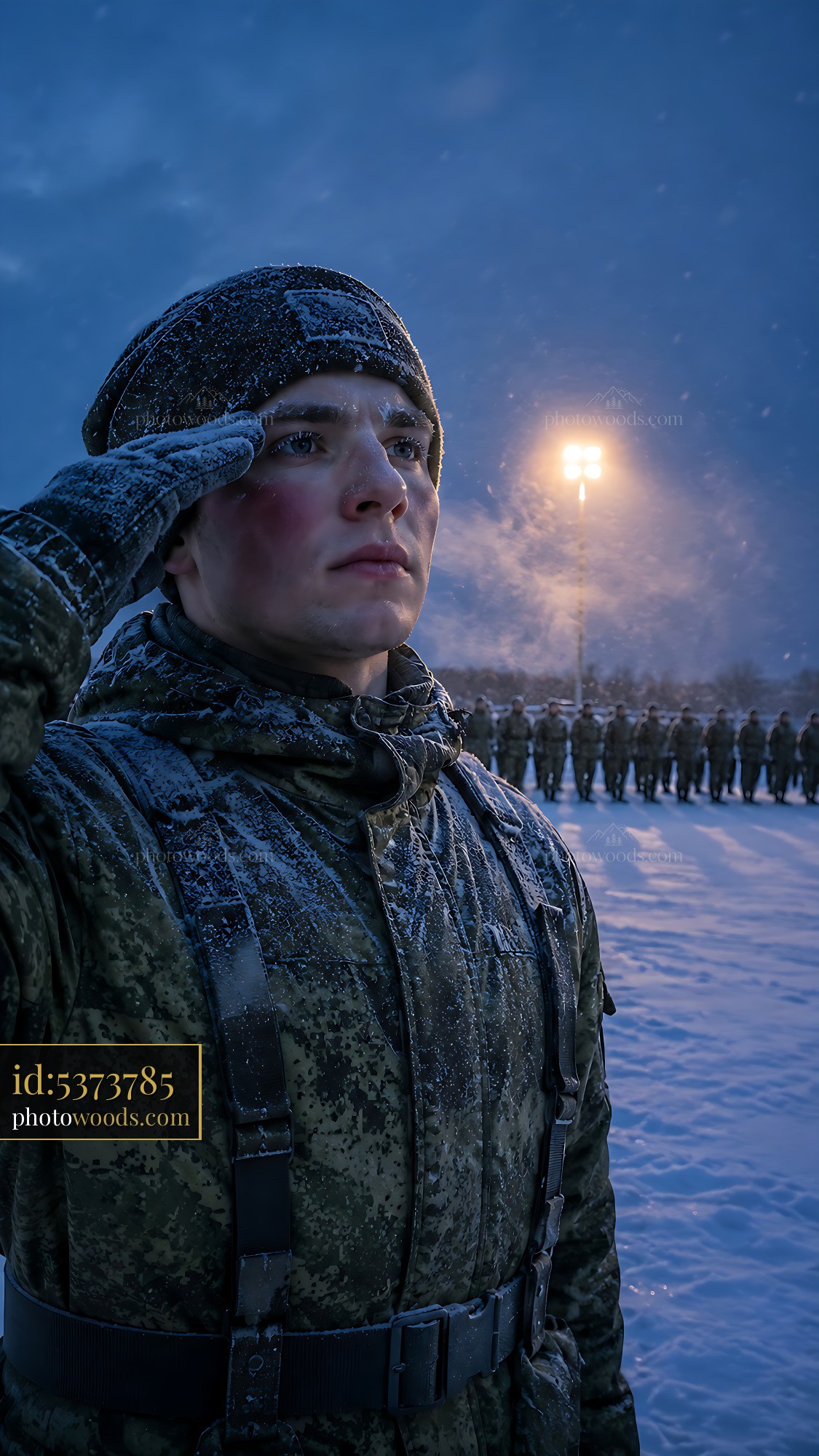 Soldier Salutes During Winter Training in Snowy Environment