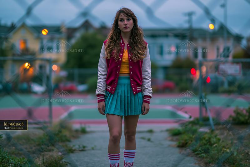 Young Woman in Varsity Jacket and Pleated Skirt at Sunset