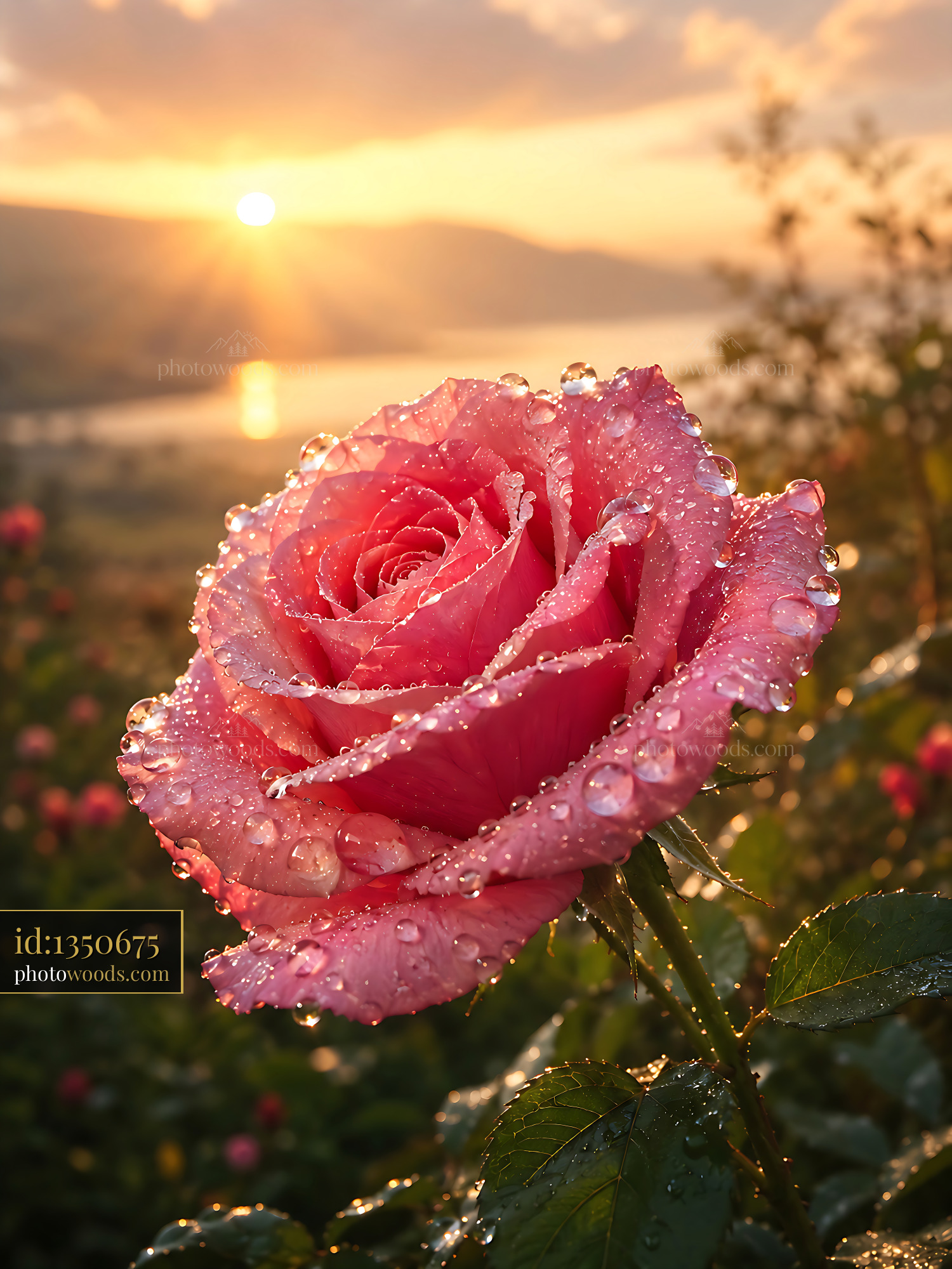 Rose Covered in Water Droplets During Sunset in a Garden