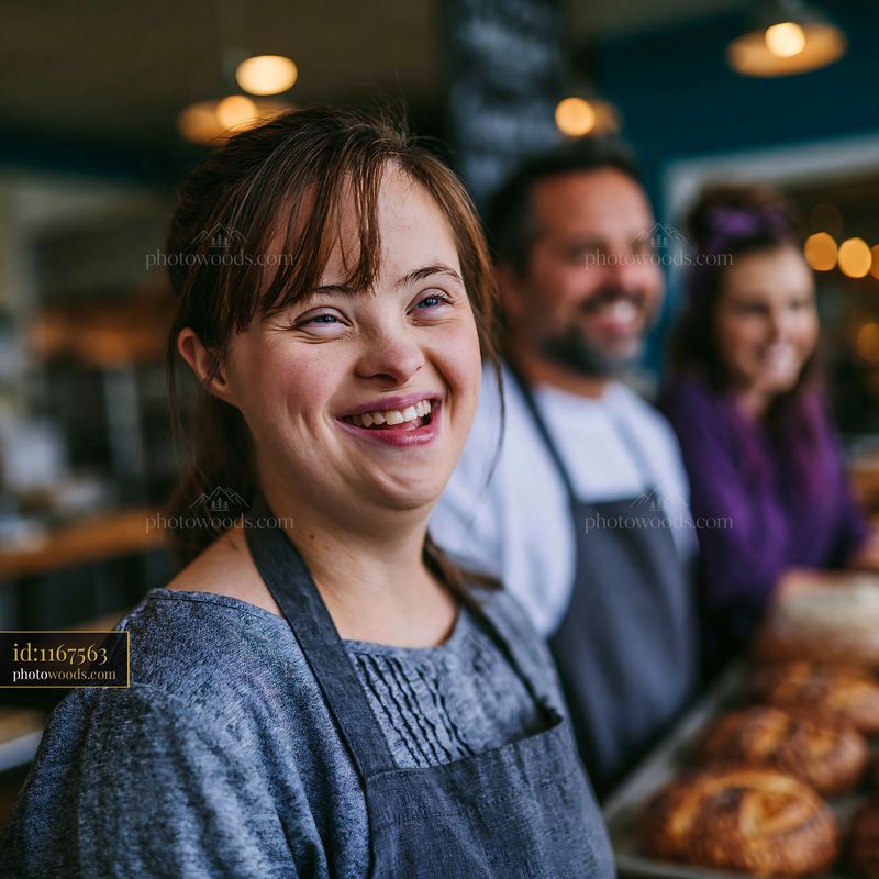 Young Woman With Down Syndrome Smiling in Bakery Kitchen