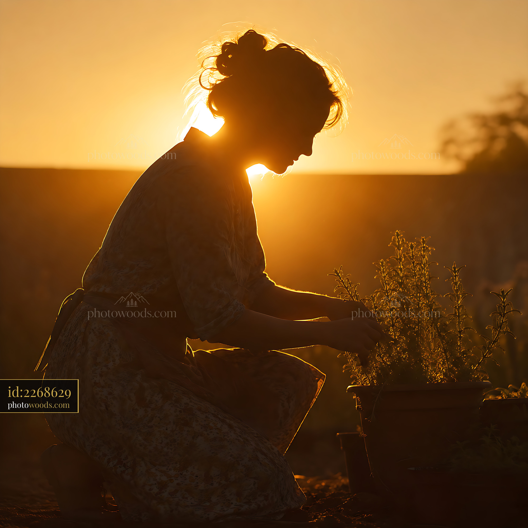 Woman Tending to Plants at Sunset Near a Garden