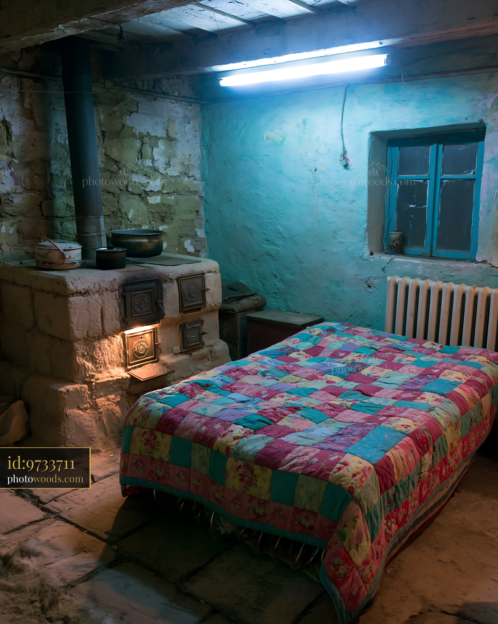 Clay Stove in a Simple Village House Interior With a Bed