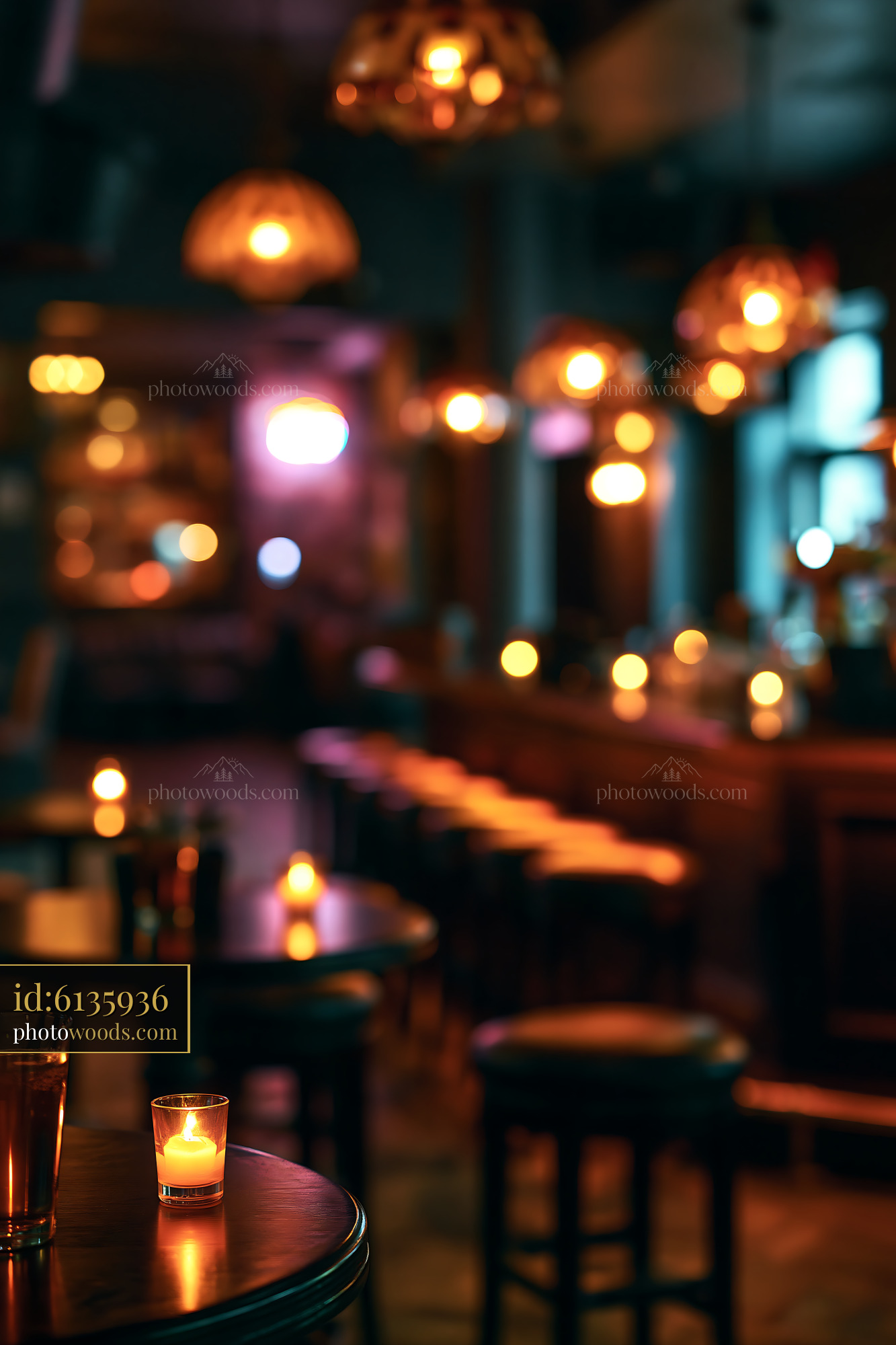 Cozy Bar Setting With Glowing Candles and Empty Stools at Night
