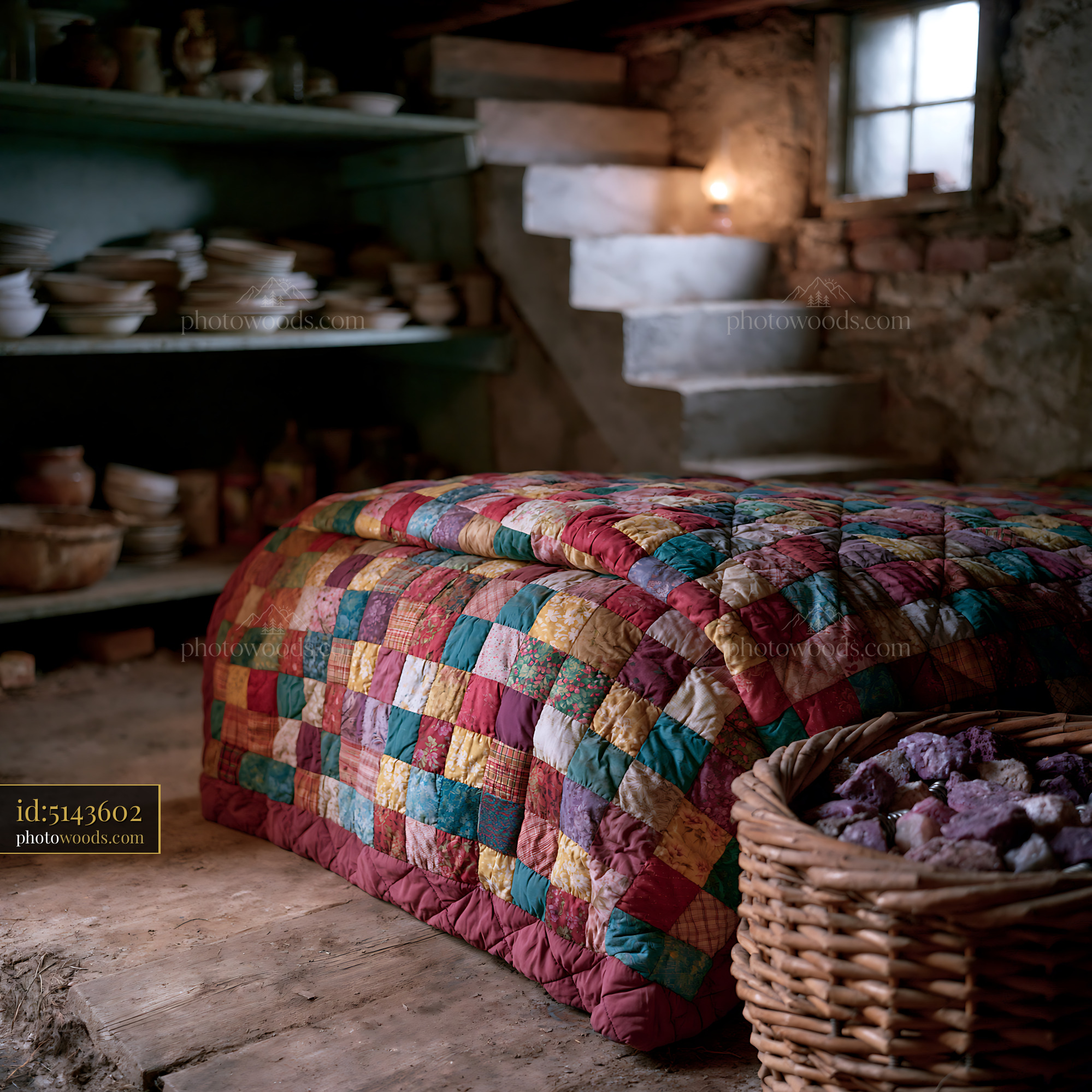 Countryside Pantry With Quilts and Farm Produce in Candlelight